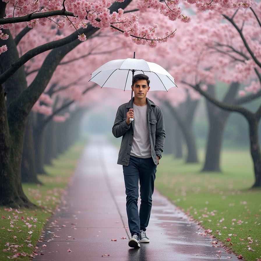 A man with an umbrella walks along a quiet park path lined with cherry blossoms 