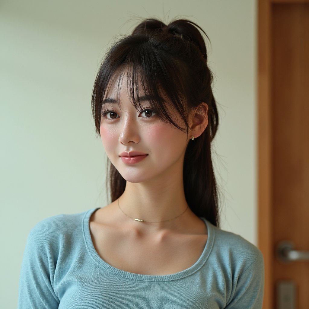 Ultra-realistic 1960s senior girl portrait, shot waist-up with an 85mm lens, shallow depth of field. She wears a fitted pastel blue wool sweater with a fine ribbed neckline, the weave visible in high resolution. Hair is styled in a high beehive, perfectly teased and pinned, with curled ends framing her jawline. A thin gold chain necklace with a small locket rests against the sweater, catching a pinpoint of light. Her eyes are hazel with natural light catch, lashes thickened with mascara, and a faint winged eyeliner. Skin shows lifelike texture — fine peach fuzz near the temples, soft freckles on the cheeks, and a natural sheen across the T-zone. Lips are lightly glossed pink, corners slightly upturned. Studio three-point lighting with a warm fill on the left, giving depth to cheek contours. Background is a smooth taupe muslin, blurred for subtle tonal gradient.