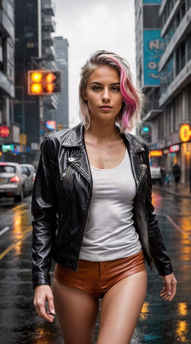 Cyber-enhanced woman, cyberpunk cityscape, neon lights, intense, cinematic.