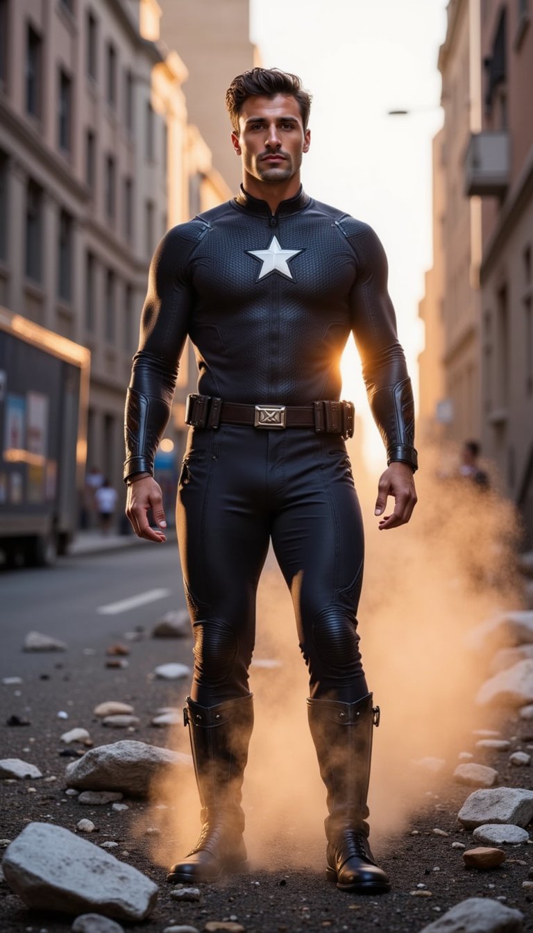 A male superhero stands among the rubble of a city street, dust swirling in the air, parts of his suit scratched and battle-worn. Flames flicker in the distance as the golden-hour light hits from the side, casting long shadows and capturing the quiet intensity after victory.
