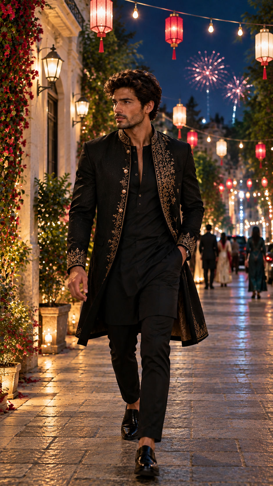Vertical AI Diwali photo of a man in a sherwani walking down a lantern-lit street