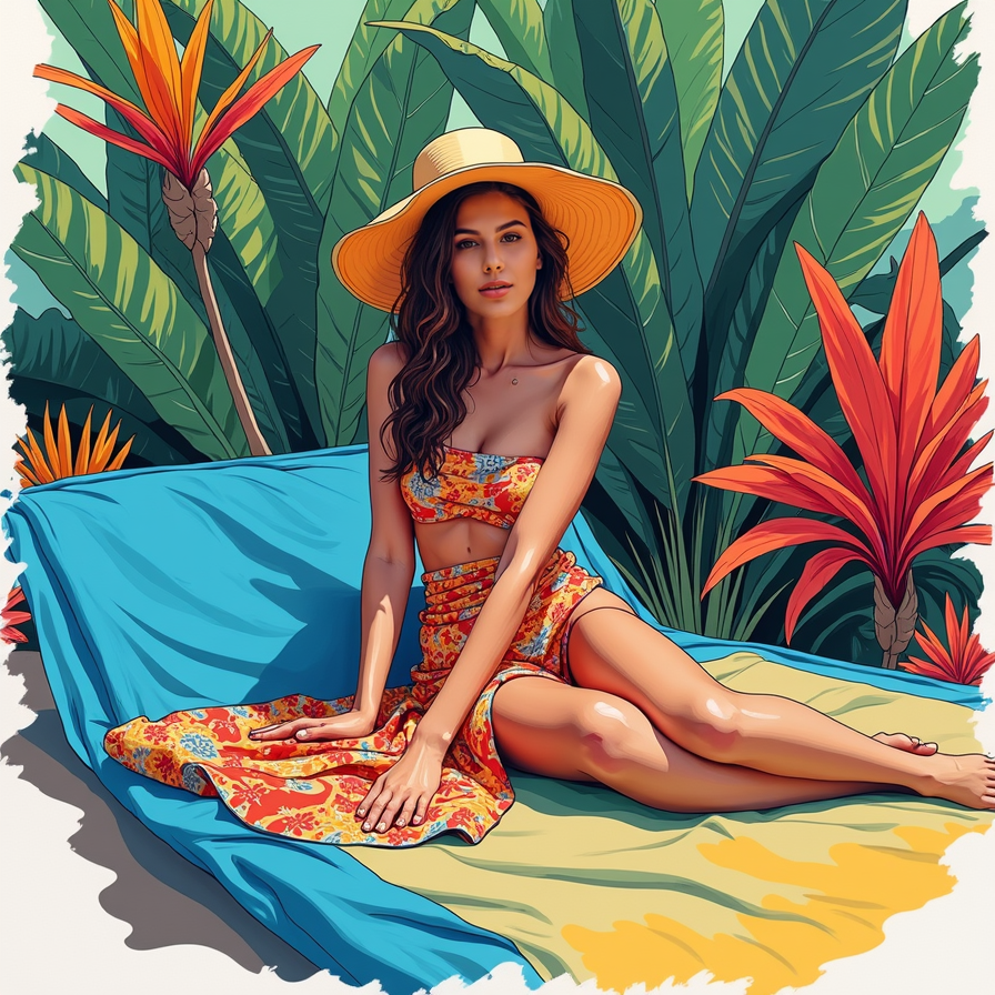 A full coloured vibrant sketch of a woman lounging in a tropical paradise, surro