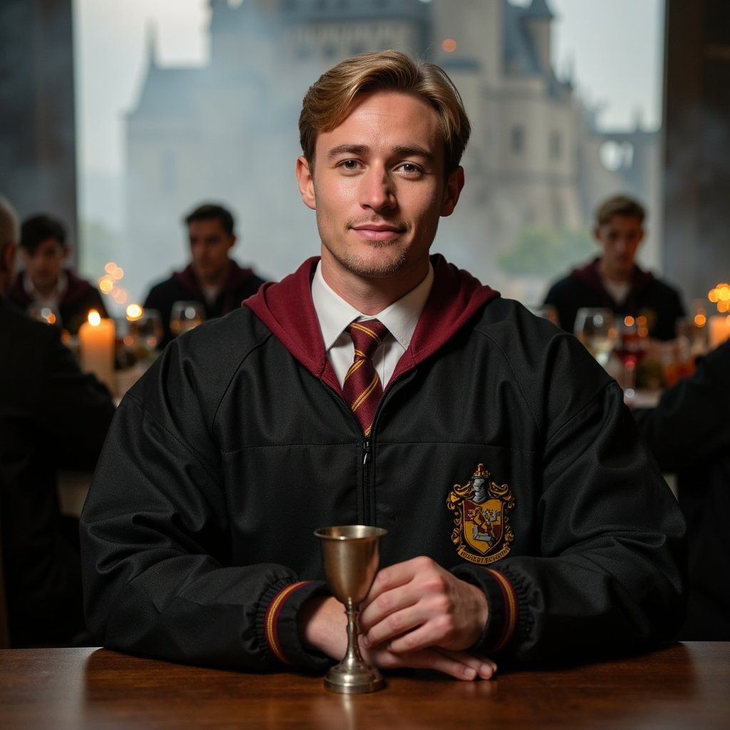 Ultra-detailed, highly realistic HDR medium portrait of a 17-year-old male Gryffindor student with fair skin, faint peach undertones, and defined jawline. Neat sandy-blonde hair side-parted with a slight wave, well-groomed eyebrows, and a calm, confident expression with a soft smile. Wearing a pristine black Hogwarts robe with crisp red-and-gold trim, tie perfectly centered over a pressed white cotton shirt. Pose: seated at the head of the long house table, upper body leaning slightly forward, hands resting loosely on the polished wood surface near a silver goblet. Camera: Canon EOS R3, 35mm f/2 prime, aperture f/2, camera positioned at slightly below eye level for subtle authority framing. Lighting: warm golden key light from floating candles overhead (3000K) creating gentle top shadows under brow and nose, secondary bounce from polished table casting upward fill to soften jaw shadows, faint rim light on shoulders from side torches; micro-shadows from goblet stem visible on table surface. Background: blurred depth showing warm glow of other Gryffindor students at the table, minimal visual clutter, strong symmetry in composition.