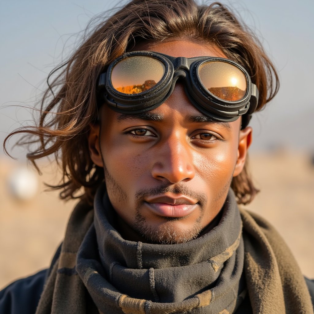 Portrait of a desert festival-goer at Burning Man 2025, reflective goggles, dust-covered scarf, windblown hair, golden hour desert lighting
