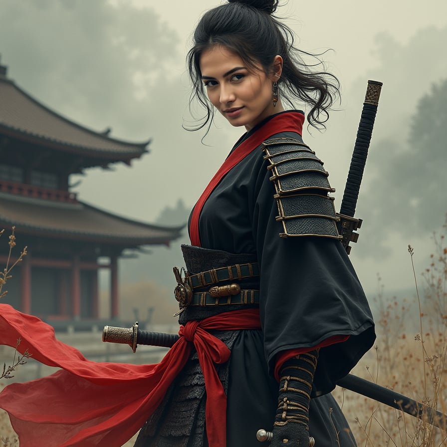 woman in traditional samurai attire, consisting of a hakama and kimono, with a bold, determined expression, sans helmet, posed in a powerful stance, surrounded by a misty, atmospheric background with subtle hints of Japanese architecture.