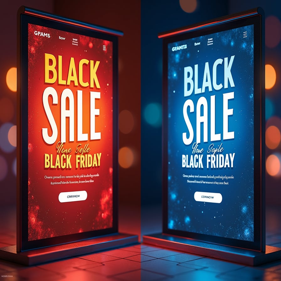 Two vibrant, contrasting digital ads side by side, one in bold, warm tones like red and gold, and the other in cool, sophisticated tones like blue and silver, both highlighting the same Black Friday deal.
