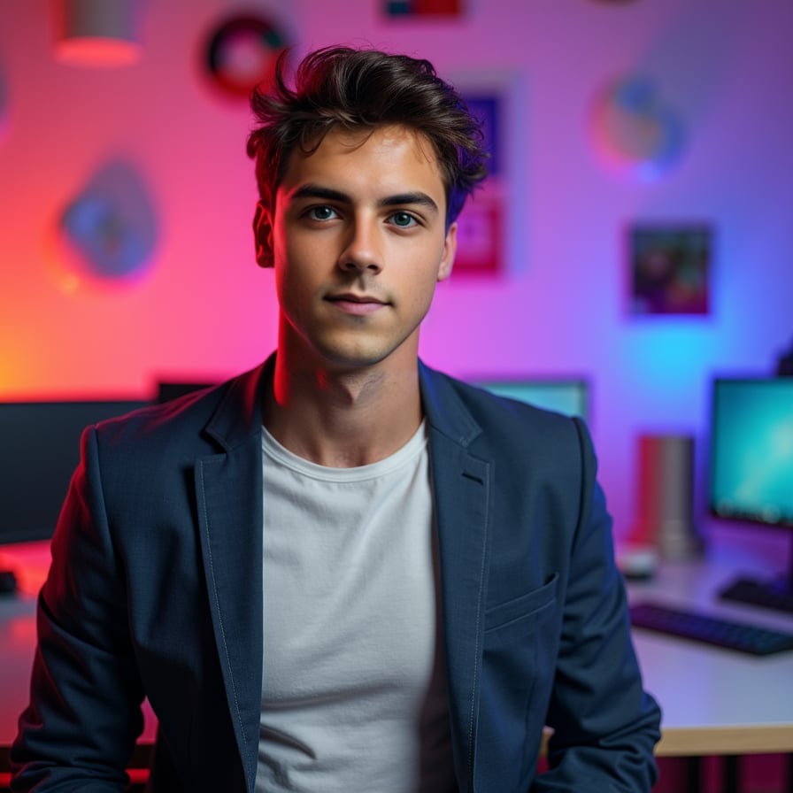 man with a confident and slightly playful expression, posed against a vibrant, multi-colored backdrop. He is wearing casual or sporty attire, and the image includes room for text overlays. The thumbnail should stand out on YouTube, Instagram, and other platforms