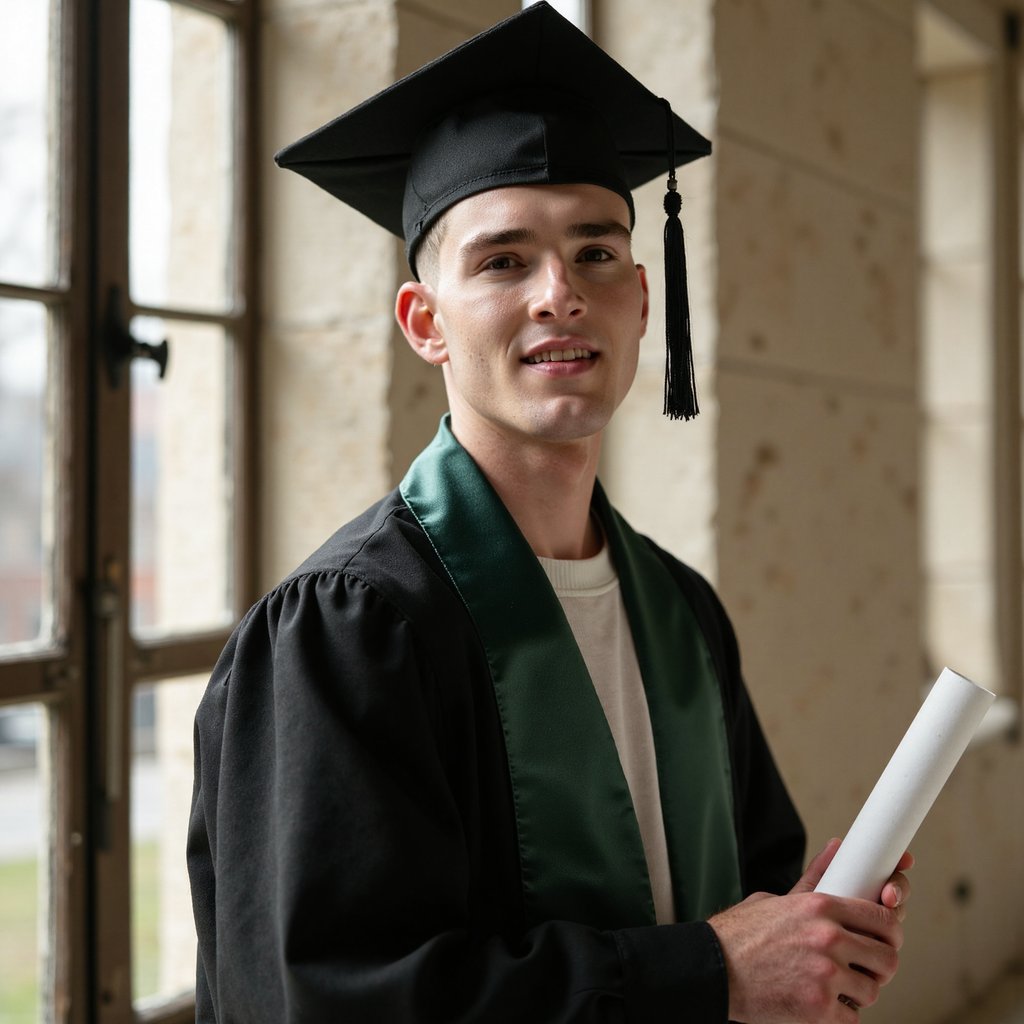 Head-and-shoulders portrait of a man graduate beside a large window casting soft diffused daylight; black gown with forest-green satin stole draped neatly; tight fade haircut, clean-shaven; serious but serene expression, chin slightly raised; camera at shoulder height for a parallel angle; 50 mm lens, f/1.8; lighting: side light from window, shadow fall-off on opposite cheek, catchlights clear; background: out-of-focus pale stone wall and subtle reflections; fabric rendering shows subtle stitching and light fall on the folds; high micro-contrast and clean tonal gradient; minimalist color palette, highly detailed, highly realistic, HDR effect emphasizing the calm moment.