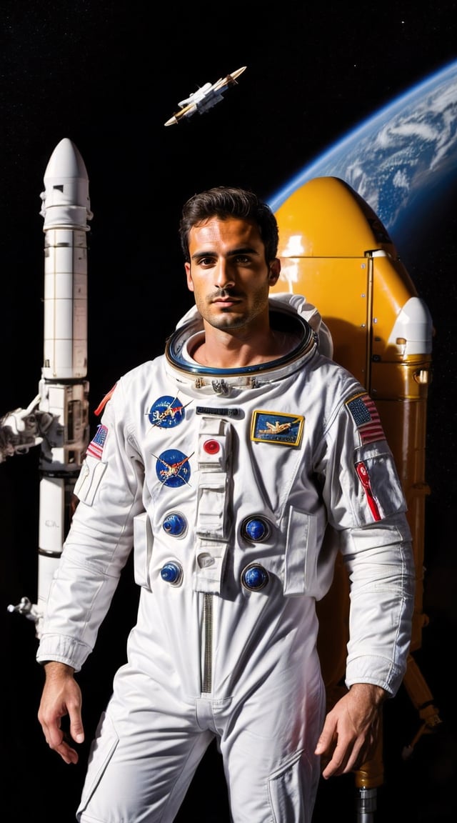 Heroic astronaut in spacesuit, vibrant lighting, tech-inspired backdrop.