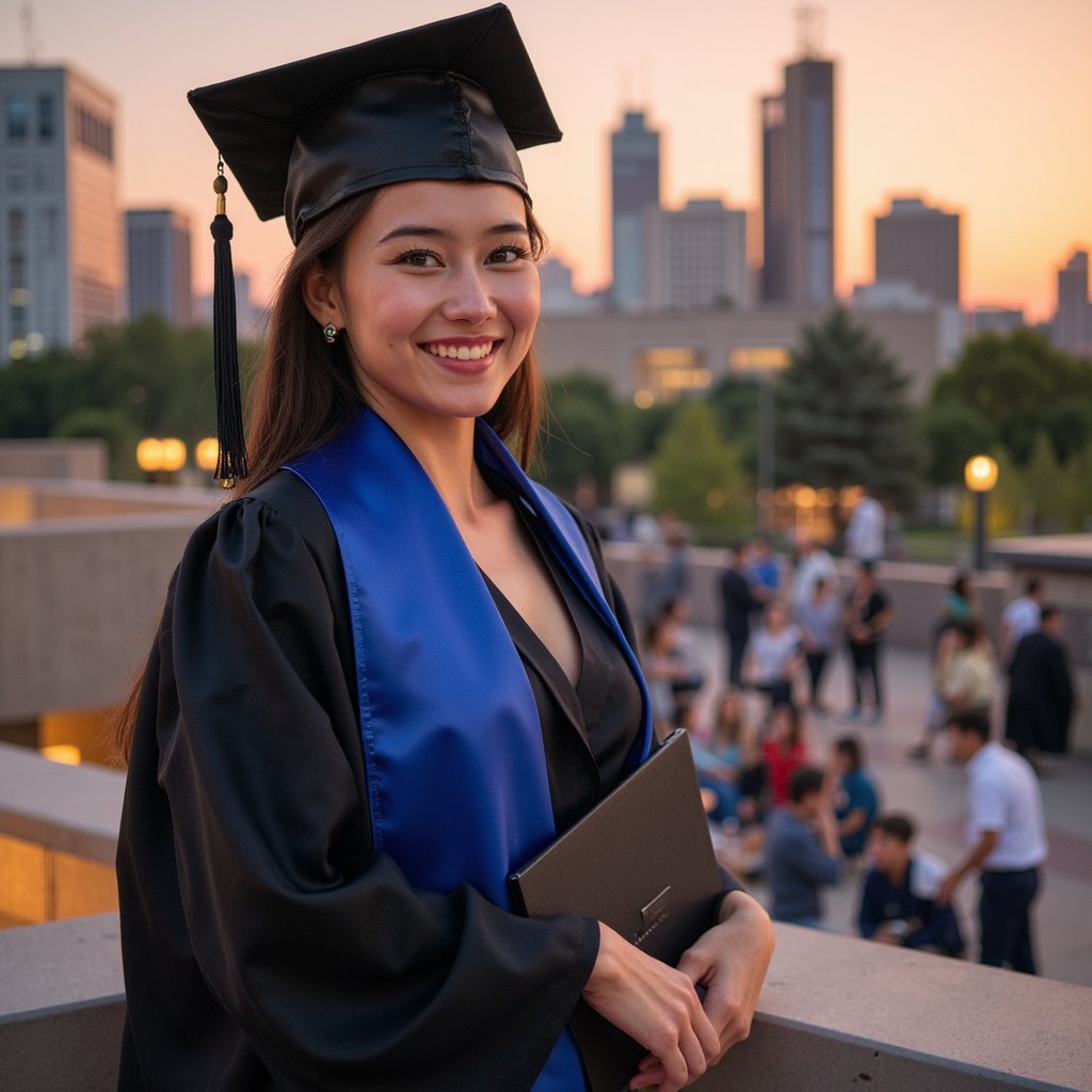 Waist-up portrait of a woman graduate on a campus rooftop overlooking a city skyline at sunset; soft warm light hitting her profile; she wears a black gown, royal-blue satin stole, mortarboard removed and held loosely in one hand near her waist; hair in soft low ponytail, strands catching backlight; camera at 45° angle to her left side, 105 mm lens, f/2, golden-hour lighting; background: blurred orange-pink sky, silhouetted buildings, subtle lens flare; rich details: fabric highlights, rim light around hair, realistic shadow gradients; serene cinematic mood, highly detailed, highly realistic, HDR.