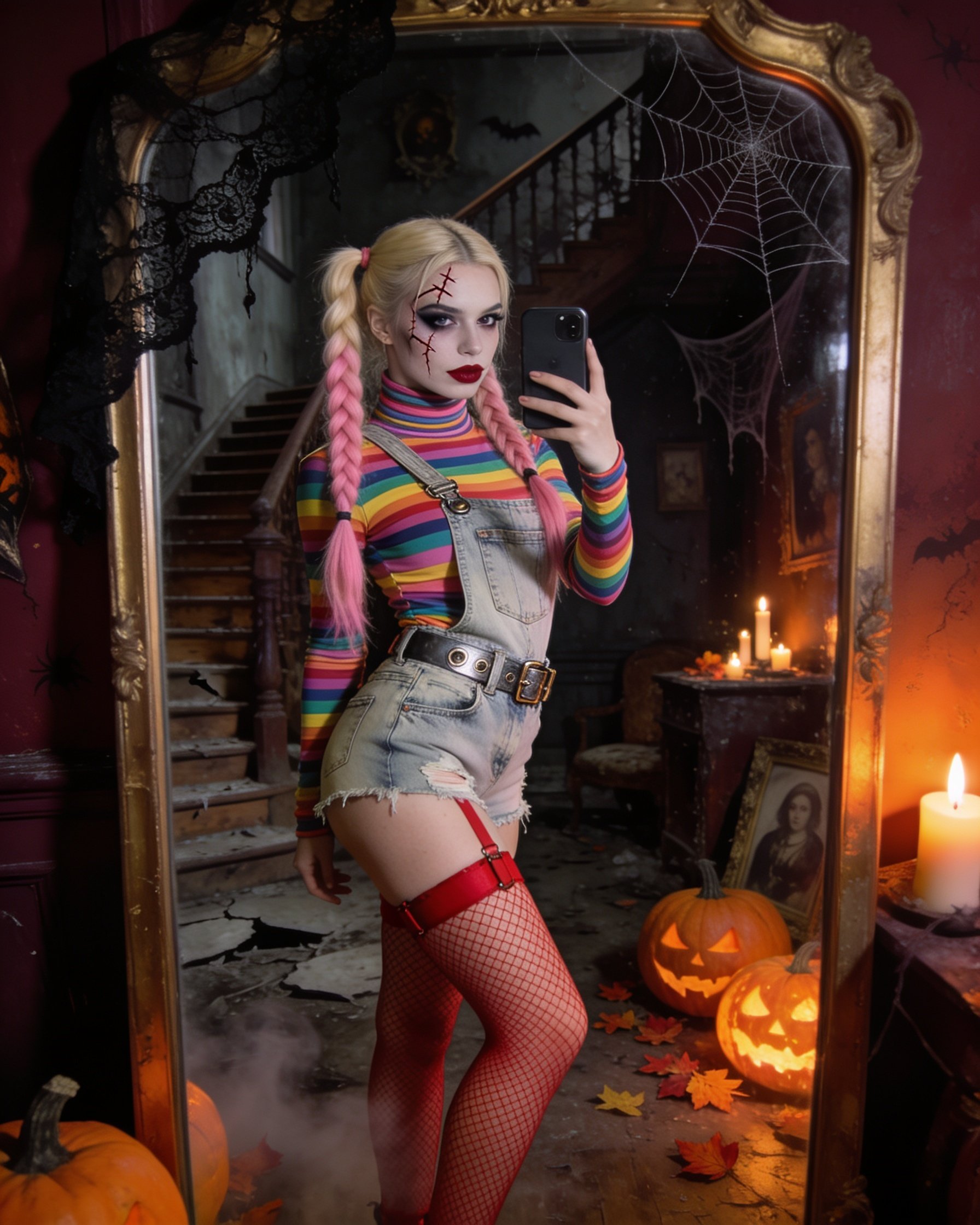 Create an ultra-realistic, bold Halloween mirror selfie of a young adult woman d