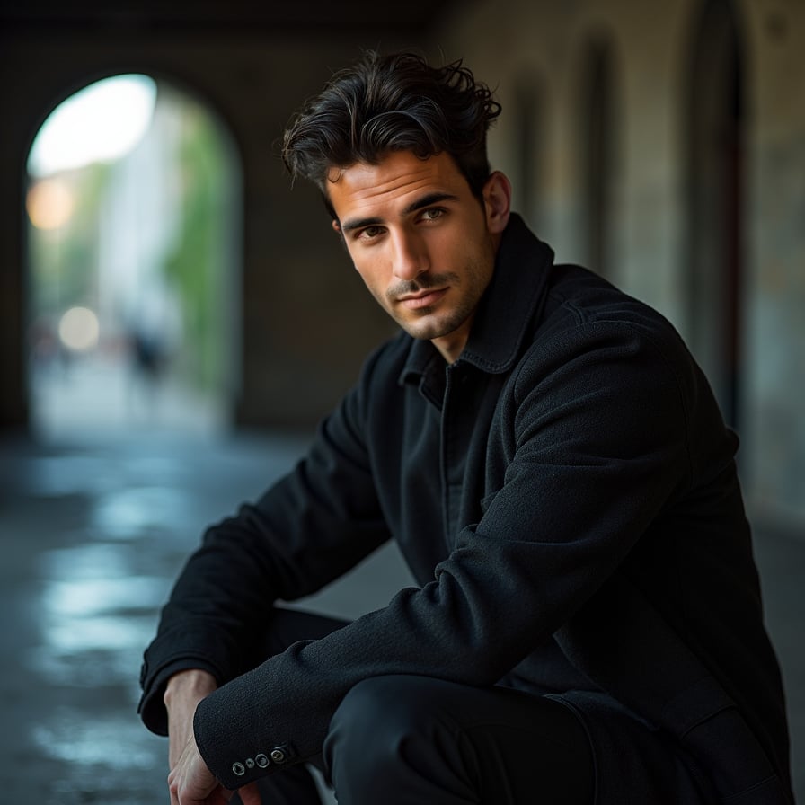 man with a strong artistic vibe. He is styled in dark, textured clothing, with dramatic lighting creating shadows and depth. The background is moody and urban, showcasing an air of mystery and creativity