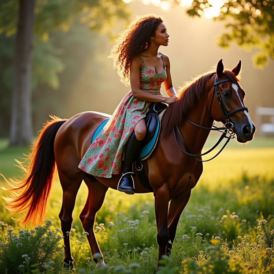 woman in elegant riding attire, long curly hair flowing in the wind, sitting confidently on a majestic horse, set against a serene countryside or rustic farm background with warm sunlight filtering through the trees.