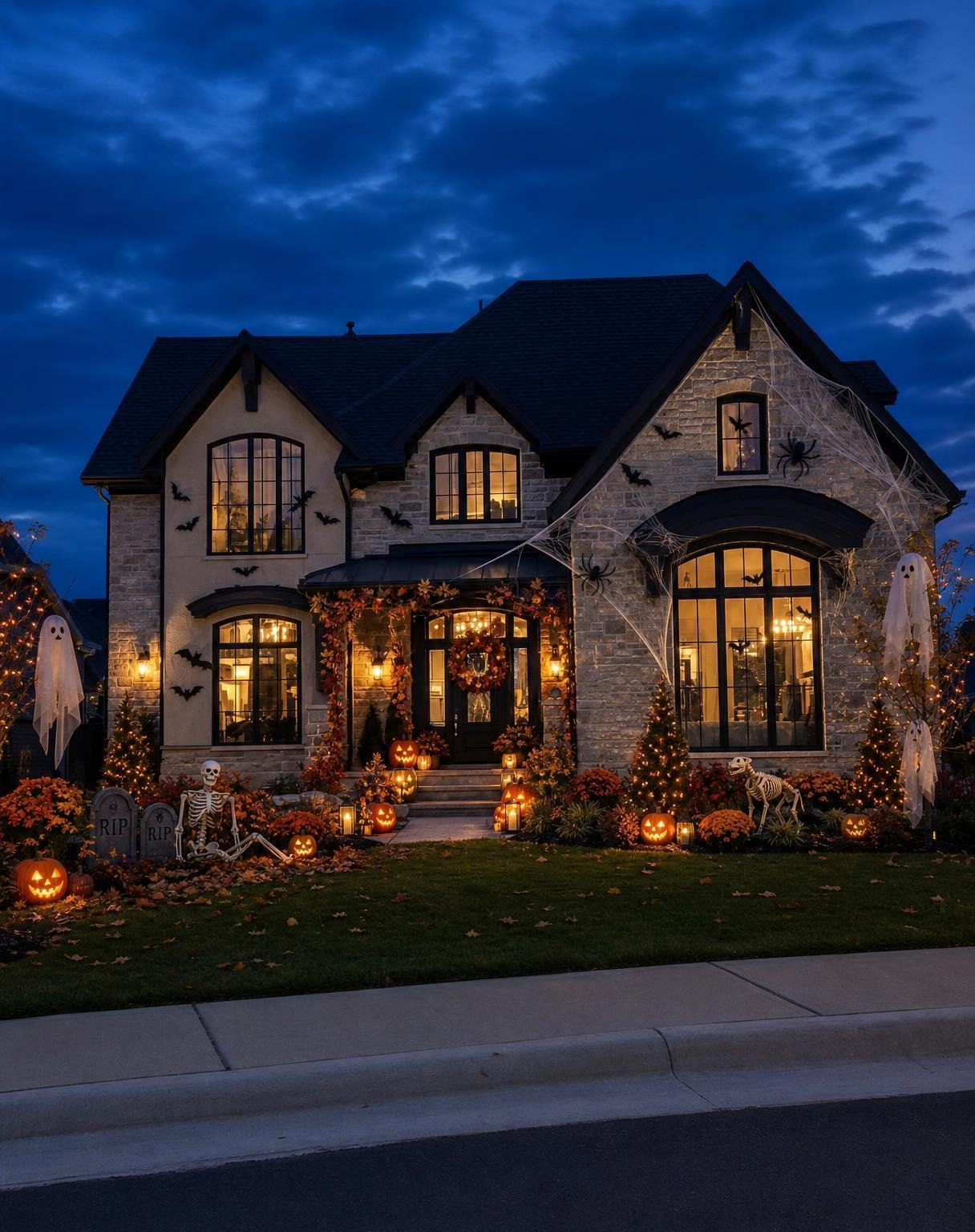 Transform the uploaded original house photograph into a stunning, ultra-photorealistic Halloween-decorated luxury home at blue hour, inspired by an elegantly decorated American suburban house during Halloween.
IMPORTANT — PRESERVE THE ORIGINAL HOUSE
Use the uploaded photograph as the exact architectural reference. Maintain the same house structure, stone exterior, black roof, triangular gables, arched windows, front entrance, porch steps, lawn, sidewalk, and original camera perspective.
Do not redesign the building, alter its proportions, move the windows, or replace the original architecture.
HALLOWEEN DECORATION CONCEPT
Create a richly decorated, visually striking Halloween exterior that feels like real homeowners have spent considerable time decorating their house for October 31st.
The decorations should be festive, slightly spooky, elegant, detailed, and physically realistic.
FRONT ENTRANCE
Decorate the main entrance with a thick autumn garland featuring dark orange leaves, burgundy foliage, and small black accents, naturally wrapped around the doorway.
Hang a beautiful circular Halloween wreath with burnt-orange foliage and dark decorative elements on the front door.
Arrange several carved jack-o’-lantern pumpkins of different sizes along both sides of the entrance steps, some softly illuminated from inside.
Place realistic black metal lanterns containing warm LED candles beside the steps.
Add clusters of orange and burgundy chrysanthemums around the porch and flowerbeds.
WINDOWS AND HOUSE EXTERIOR
Attach several realistic black bat-shaped decorations across selected windows and exterior walls, arranged irregularly rather than symmetrically.
Stretch large, delicate artificial spiderwebs across the upper-right corner of the house, extending naturally between the roof edge, stone wall, and window frames.
Position two oversized black decorative spiders attached to the webs, with realistic plastic textures and visible legs.
Add a few small spiderwebs around the porch and lower window corners.
Place subtle Halloween silhouettes inside selected windows, naturally backlit by the warm interior lighting.
Preserve the original window glass reflections and architectural details.
HALLOWEEN LAWN DECORATIONS
Create a small decorative Halloween graveyard toward the left side of the front garden.
Include two weathered gray foam tombstones marked RIP, positioned at slightly different angles.
Place a life-sized seated plastic skeleton near the tombstones, resting naturally among autumn leaves and pumpkins.
Add several medium-sized glowing jack-o’-lanterns around the flowerbeds and front walkway.
Position one realistic decorative skeletal dog near the right-side flowerbed.
Hang two or three simple white fabric ghosts from existing trees or suitable exterior supports, with naturally draped fabric and visible hanging strings.
The ghosts should resemble real Halloween decorations rather than supernatural floating figures.
AUTUMN LANDSCAPING
Enhance the existing landscaping with seasonal orange chrysanthemums, burgundy foliage, dried ornamental grasses, and a few fallen autumn leaves scattered naturally across the lawn.
Keep the lawn mostly green and preserve the original landscaping structure.
EVENING LIGHTING
Change the original daytime atmosphere into a beautiful, realistic late-October blue-hour evening, approximately 20–30 minutes after sunset.
The sky is a deep natural navy-blue with subtle dark clouds, retaining a small amount of ambient twilight.
The house remains clearly visible, with natural stone textures and realistic shadows.
Warm amber interior lighting glows softly through the windows.
Existing porch lights illuminate the entrance, while small pumpkin candles and lanterns create additional warm highlights.
Add restrained warm-white fairy lights to a few existing trees or shrubs where physically appropriate.
Keep the lighting balanced and believable, with warm orange decorations contrasting naturally against the cool blue evening.
PHOTOGRAPHY AND REALISM
The final image must look like an authentic, professionally captured photograph of a real Halloween-decorated residential property.
Natural camera exposure, realistic shadow gradients, accurate architectural textures, believable decoration materials, correct object scale, subtle low-light grain, realistic grass, natural reflections, and slight imperfections in decoration placement.
The house should be the main focal point, with the Halloween decorations enhancing rather than overpowering its architecture.
Make the scene vibrant, detailed, atmospheric, and visually beautiful without looking digitally rendered.
STRICT NEGATIVE CONSTRAINTS
No CGI, no AI-generated poster appearance, no fantasy mansion, no oversized moon, no flying bats, no magical glowing objects, no thick artificial fog, no excessively dramatic storm clouds, no orange floodlighting covering the entire building, no perfectly symmetrical decorations, no floating objects, no exaggerated HDR, no overly polished textures, no unrealistic reflections.
Do not add a wet road unless naturally present in the original image.
Do not change the original building architecture or camera angle.
FINAL OUTPUT
One highly realistic Halloween home transformation with elegant orange and black decorations, detailed pumpkins, natural hanging ghosts, skeleton props, spiderwebs, autumn flowers, and beautiful blue-hour evening lighting.
The result should resemble a real photograph of an elaborately decorated house on Halloween night, not a digital illustration or movie poster.
Maintain the original photograph’s aspect ratio and framing.