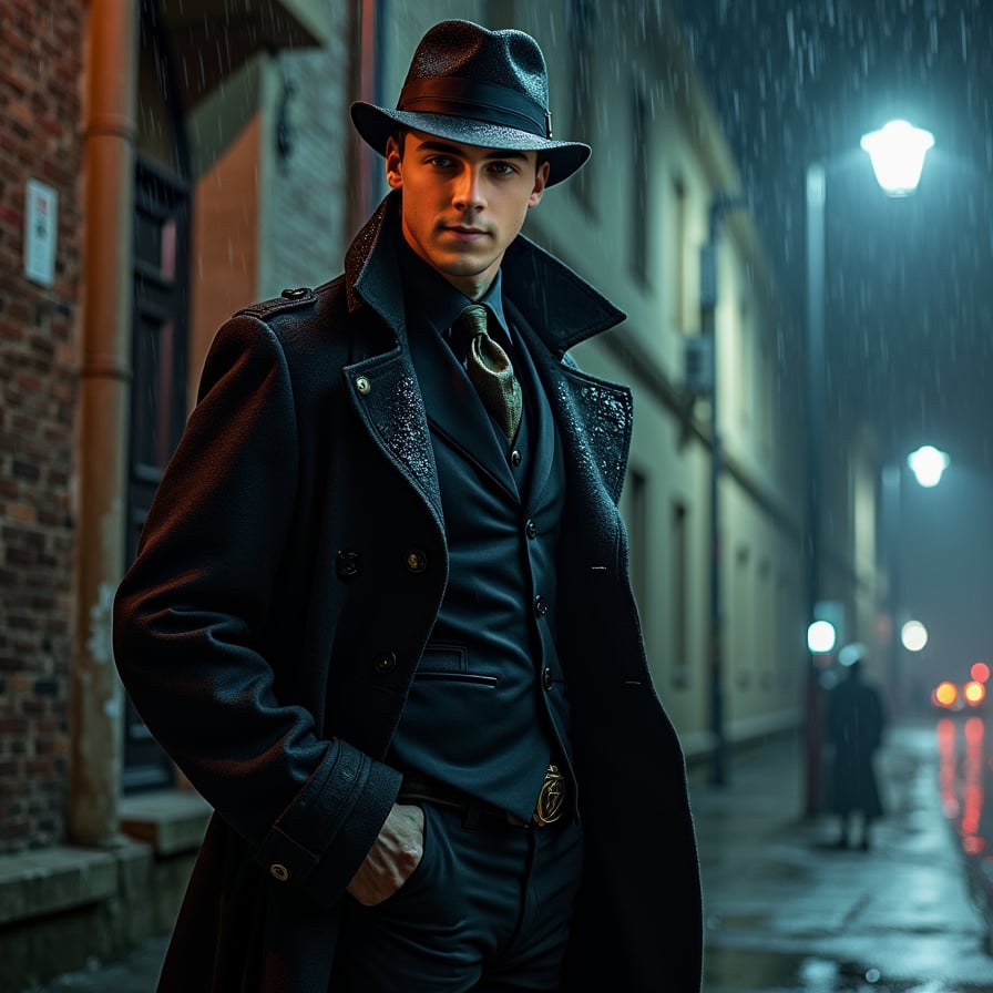Depict a vampire detective standing under a streetlight on a rainy city street at night. He’s dressed in a long, dark trench coat and a fedora, with shadows partially obscuring his face, revealing only sharp, pale features and piercing eyes. Raindrops glisten on his coat, and the city lights reflect off the wet pavement around him. His expression is focused and brooding, giving the scene a noir-like, suspenseful feel.