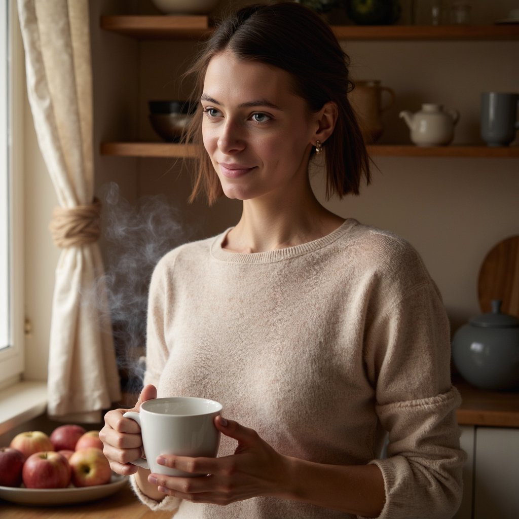 Highly detailed, highly realistic, hyperrealistic HDR image of a woman (female, ~33 yrs) standing waist-up in a cozy kitchen illuminated by soft early-morning light. She wears a light oatmeal sweater with subtle rib texture and rolled sleeves. Her hair is tied in a loose ponytail with natural flyaways catching light. Camera positioned slightly above eye level (~15° down), capturing her serene half-smile as she looks toward the window. Gentle steam from a mug she’s loosely holding adds atmosphere. Background blurred — faint wooden counter, bowl of apples, linen towel in muted tones. Lighting diffused and warm, shadows soft. Visible skin pores, sweater fibers, and condensation on the mug. HDR, high resolution, high quality, highly detailed, photorealistic.