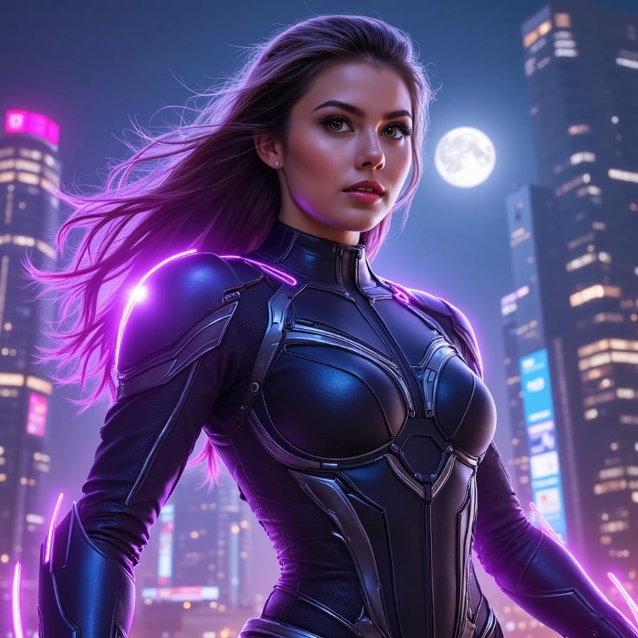 Futuristic female Avenger soaring above a neon-lit city at night, glowing eyes, sleek aerodynamic armor with violet energy trails, moonlight reflecting off her suit, motion blur, Marvel poster style, ultra-detailed