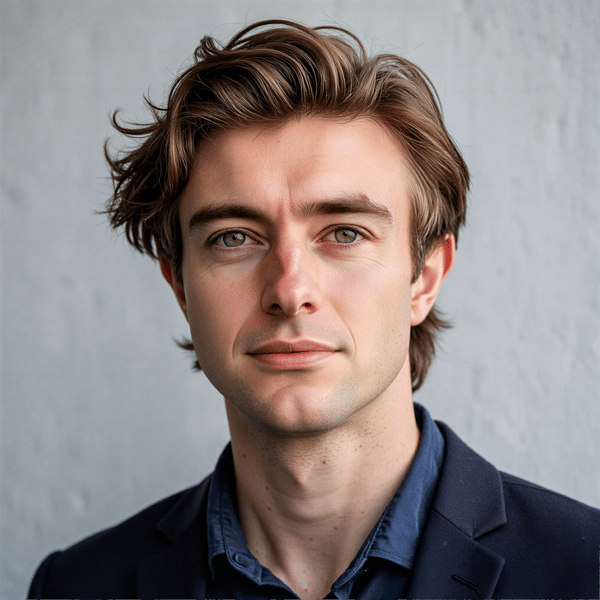 A highly realistic, highly detailed HDR passport photo of a man in his late 20s. He has medium-length wavy brown hair brushed backward neatly and a clean-shaven face. He wears a deep navy button-down shirt with a subtle cotton weave texture. Lighting is soft and frontal, with a mild vignette on the background. Background is light gray with an extremely subtle darkening toward the edges, still very clean for passport norms. Camera angle is straight-on, perfectly level with his eyes. His expression is neutral, mouth relaxed, eyes forward. Micro-details include shirt fibers, subtle skin texture, and natural highlights on the hair. Crisp, refined, and professional.