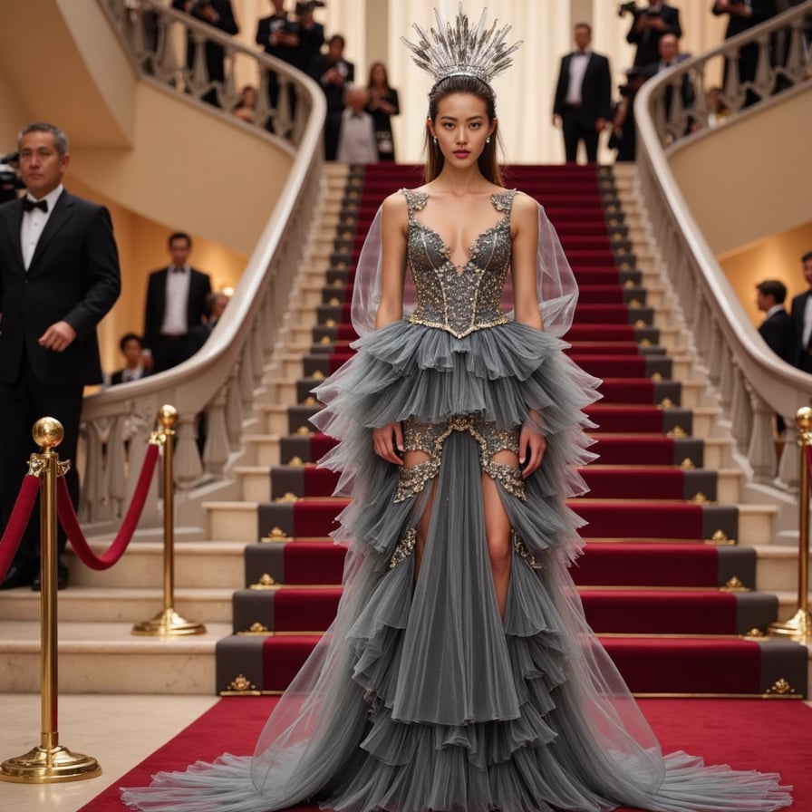 A Met Gala ensemble featuring a glass corset, liquid-metal skirt, and a glowing crystal crown — sci-fi royalty meets haute couture