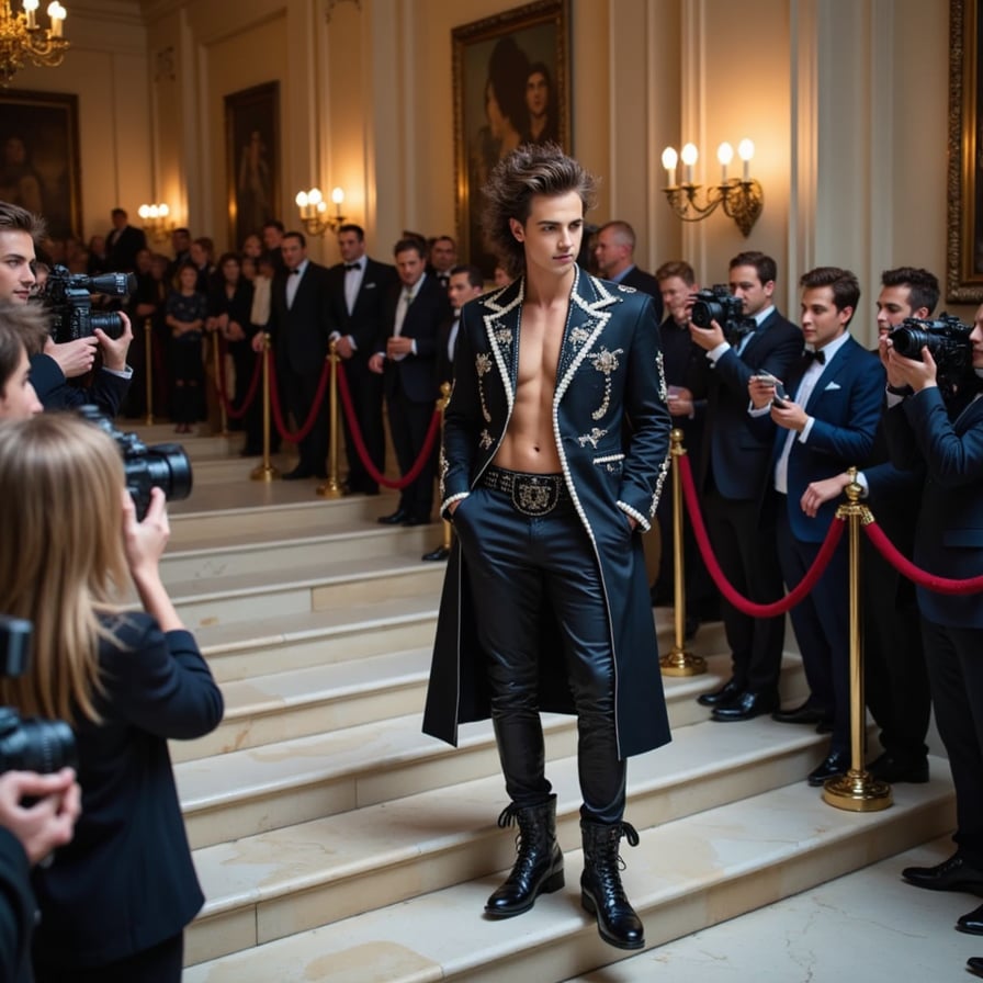 An androgynous Met Gala outfit for a man, mixing sheer fabrics, pearl-studded boots, and a dramatic feathered headpiece in a moody, artistic setting