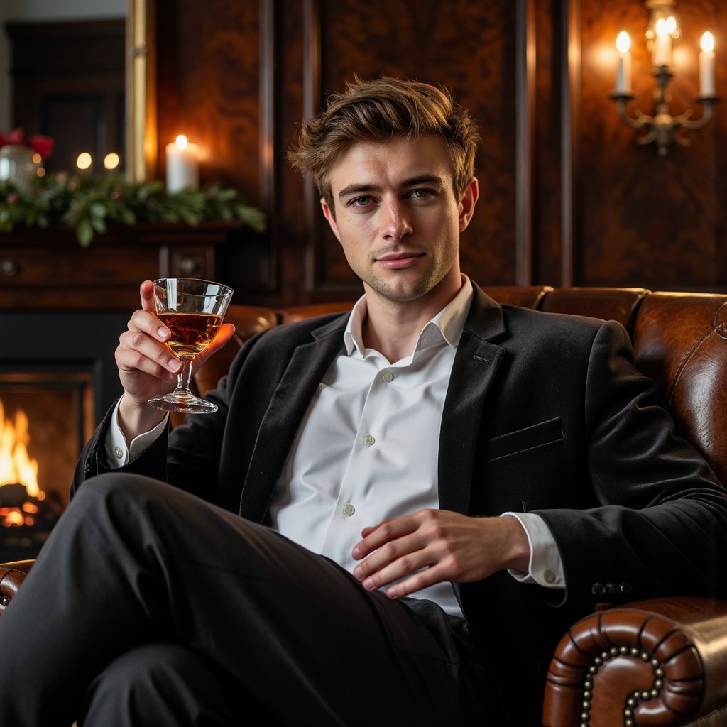 Man seated in a leather armchair holding a crystal glass of cognac, face turned toward a faint light source. Hairstyle: short, side-swept with soft sheen; neatly trimmed beard. Attire: charcoal velvet dinner jacket, crisp white shirt, no tie. Fabric details: velvet reflection on lapel edges, fine cotton weave on shirt. Camera: close portrait, 105mm, f/2.0 for cinematic intimacy. Lighting: single warm lamp key, soft shadow falloff; golden tones on skin. Background: blurred mahogany panels, faint fireplace glow, subtle garland reflection. Pose: relaxed yet composed, faint half-smile.
Render: highly detailed, highly realistic, HDR; reflections in glass, skin warmth from light, fine texture detail.