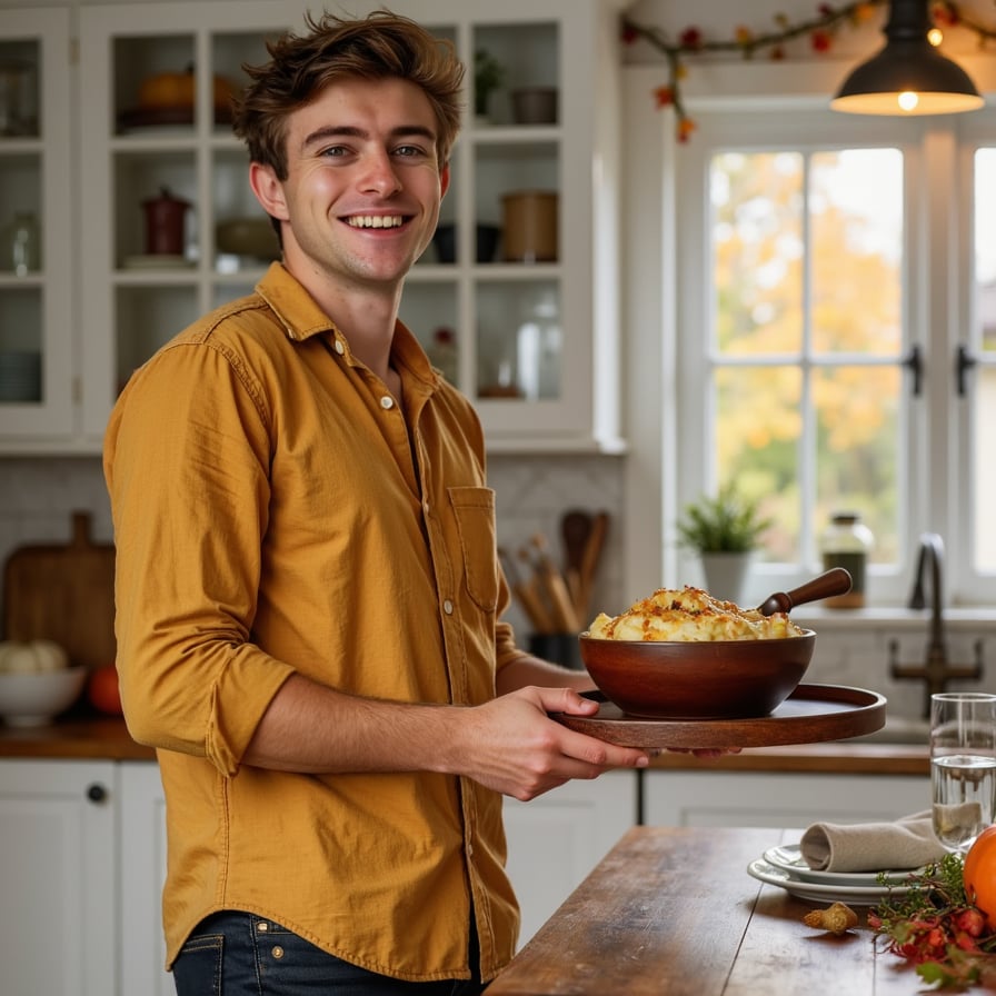 Highly realistic, highly detailed HDR image of a young Asian man (male, ~32 yrs) standing at a home kitchen island, waist-up, camera at slight side angle (~30°) from his left. He is wearing a mustard-yellow button-down flannel shirt with rolled-up sleeves and dark jeans (just barely visible), sleeves pushed up to forearms; his hair is dark brown, short on sides, slightly tousled top. Kitchen lighting: warm overhead pendant lights plus ambient daylight from a window behind the camera; soft highlights on his face and shirt. He is holding a carved-wood serving tray filled with mashed-potatoes-and-gravy bowl, slightly tilting forward as though offering it to someone. Facial detail: bright smile, teeth visible, light stubble, natural skin texture, warm brown eyes. Background: shallow depth of field blurs kitchen cabinets, a decorative pumpkin and autumn garland on the countertop behind; minimal clutter — a single glass of water and a linen napkin. Shirt fabric texture visible: flannel weave, rolled sleeves show wear. The image conveys friendly host, inviting Thanksgiving warmth.