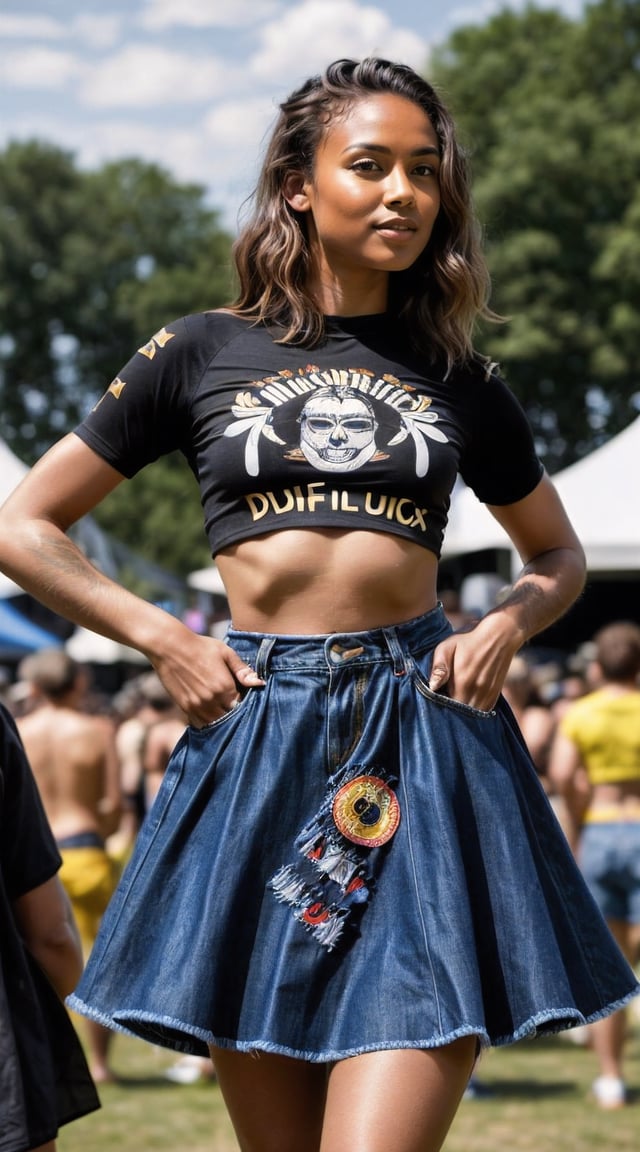 Woman in crop top, festival attire, DIY culture.