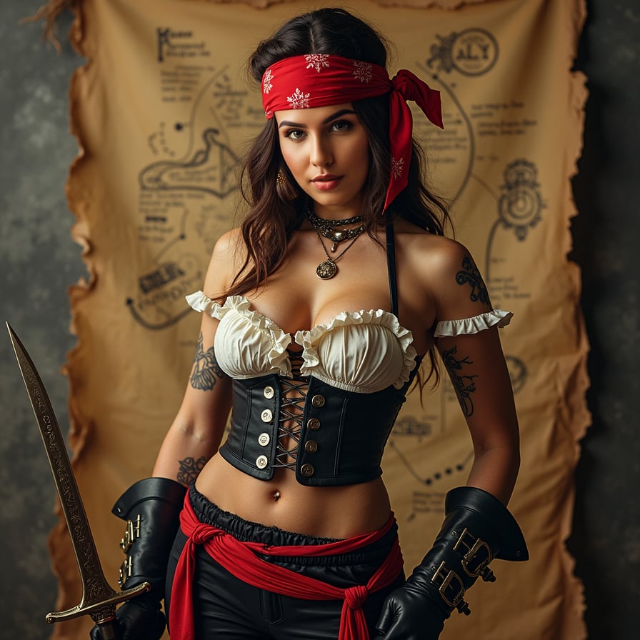 woman in a bold, provocative pirate costume, complete with a fitted corset, flowing pirate pants, and a bandana, posing seductively with a fake sword and a treasure map in the background, capturing the essence of swashbuckling adventure and pirate charm, dramatic lighting with a warm color tone, posing for a poster.
