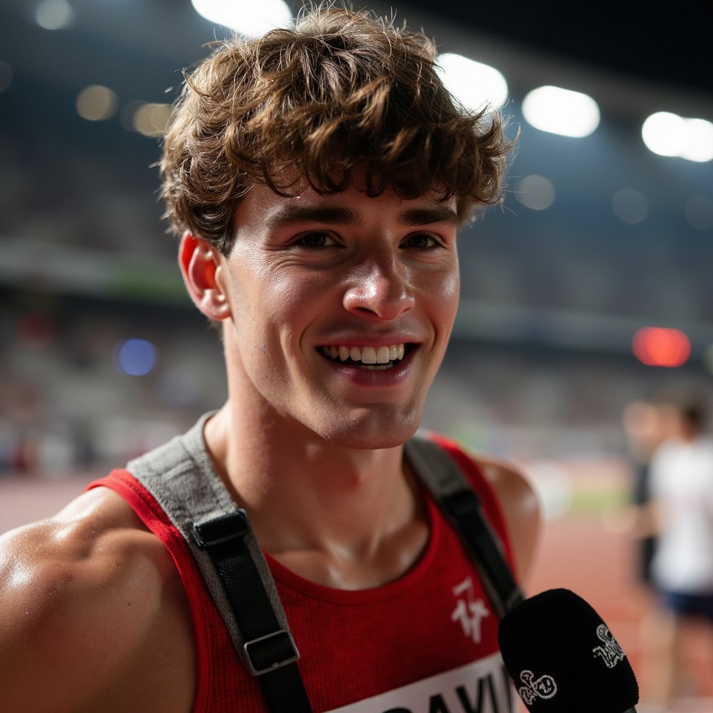 Headshot of a smiling athlete being interviewed trackside, race bib still pinned, hair messy from race, handheld mic visible — post-event celebration moment