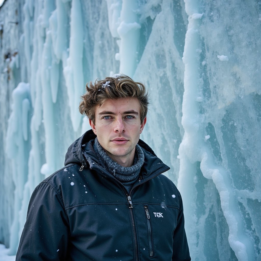 “male portrait, waist-up, standing before a massive vertical ice sheet with natural frost cracks and crystalline patterns; camera slightly angled from below for heightened presence.
His reflection is faintly visible in the ice, distorted through the uneven surface, creating a subtle dual-portrait effect.
He wears a matte insulated winter jacket with micro-ripstop texture and fine stitching visible on seams, paired with a high-collar fleece scarf tucked closely around his neck. Snow dusts his hair and brows, with micro-ice particles clinging near the temples.
Lighting: cool overhead sky lighting creates soft shadows, while the ice sheet reflects pale blue highlights onto his jawline and cheek.
Slow snowfall drifts across the foreground, some flakes catching reflections from the ice cracks.
Background intentionally minimal — just diffuse light through snow and the massive icy surface.
Highly realistic, highly detailed, HDR, icy reflective winter portrait with strong textural contrast and a clean composition.”