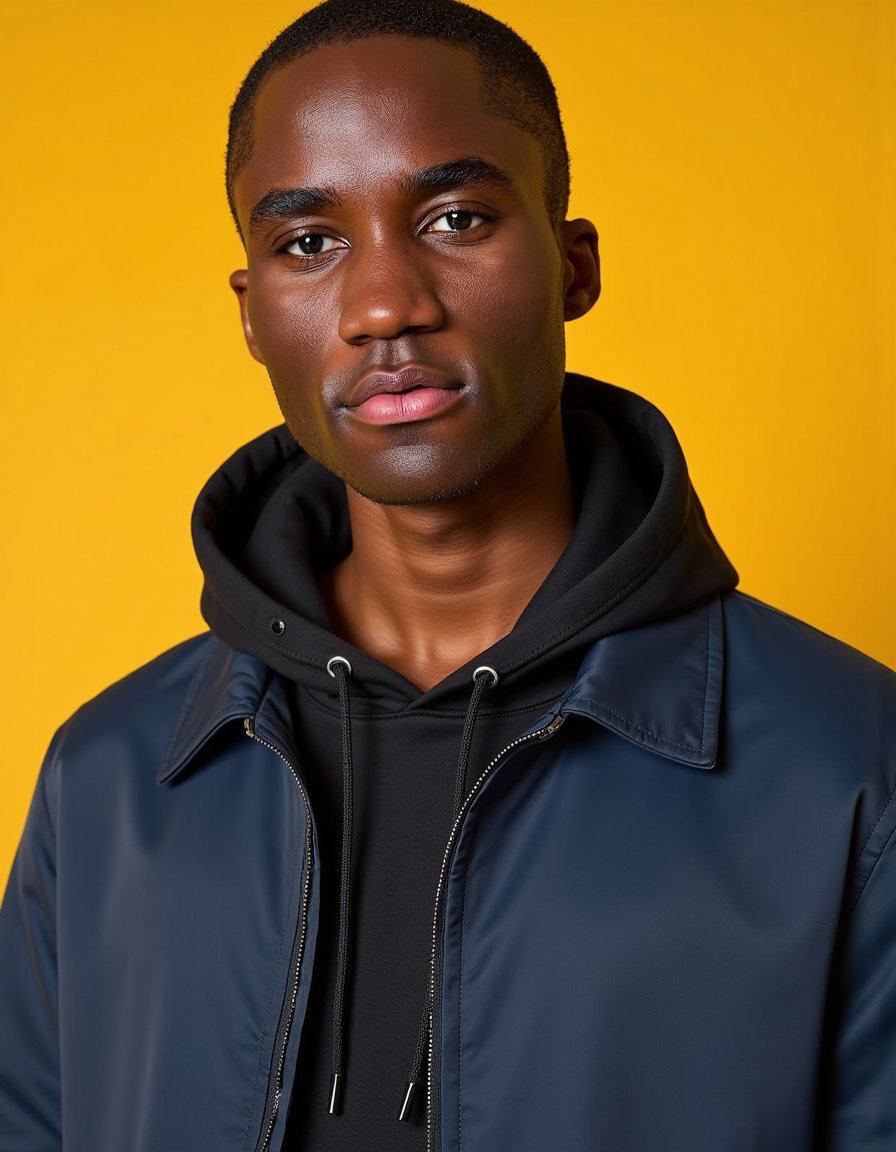 Chest-up portrait of a casual young man wearing a navy bomber jacket and black hoodie underneath. Background: vivid solid yellow. Direct frontal pose, neutral expression. Soft shadows from balanced studio lights, with skin tone accuracy preserved. Sharp edges, minimal bokeh.
