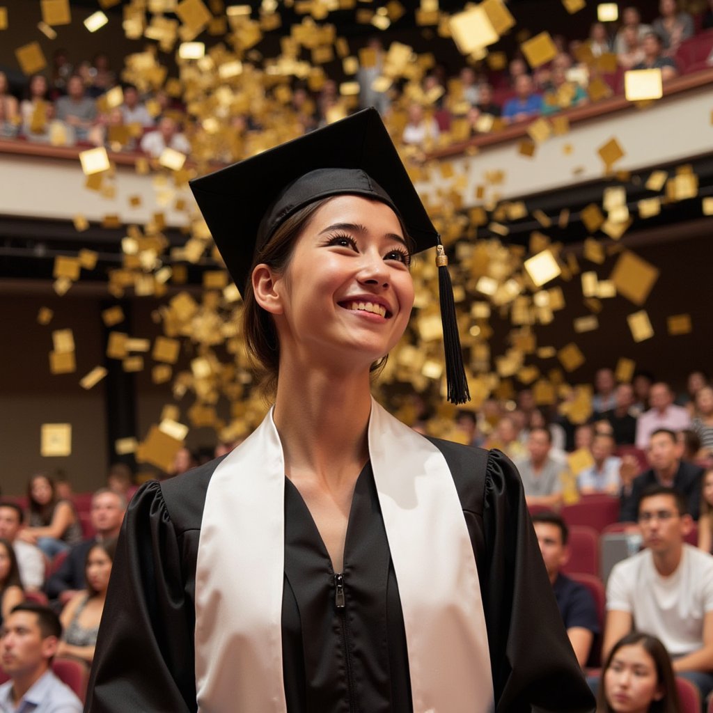 Tight headshot of a woman graduate looking slightly up toward drifting gold confetti, expression joyful but poised (no movement captured mid-gesture); wearing a matte black gown, white satin stole, mortarboard flat; hair in a polished low twist, smooth edges; camera at eye level, 135 mm lens, f/2.2; lighting: large diffused key light from front-left with a faint hair rim light; background: softly blurred warm backdrop with bokeh reflections from scattered confetti lights; every confetti piece slightly defocused except the few near her shoulders; textures crisp on fabric fibers, tassel threads, and skin pores; colors rich yet balanced, highly detailed, highly realistic, HDR.