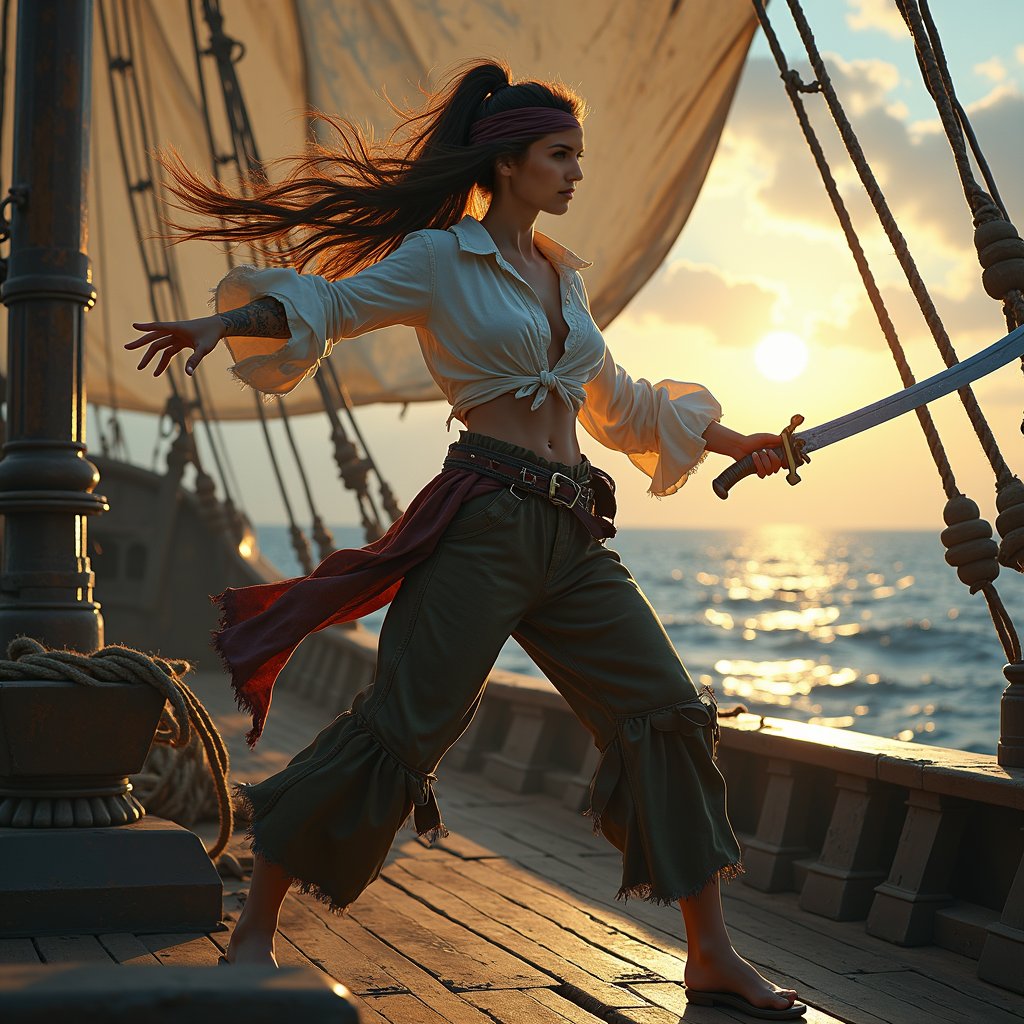 woman wielding a sword in a powerful, dynamic pose, dressed in rugged pirate attire with a flowing white shirt, billowy pants, and a wide leather belt, standing on the deck of a weathered pirate ship with tattered sails and a worn wooden hull, under the warm glow of a sunset with a hint of mist in the background, surrounded by ropes, anchors, and other nautical elements, with a sense of freedom and adventure.