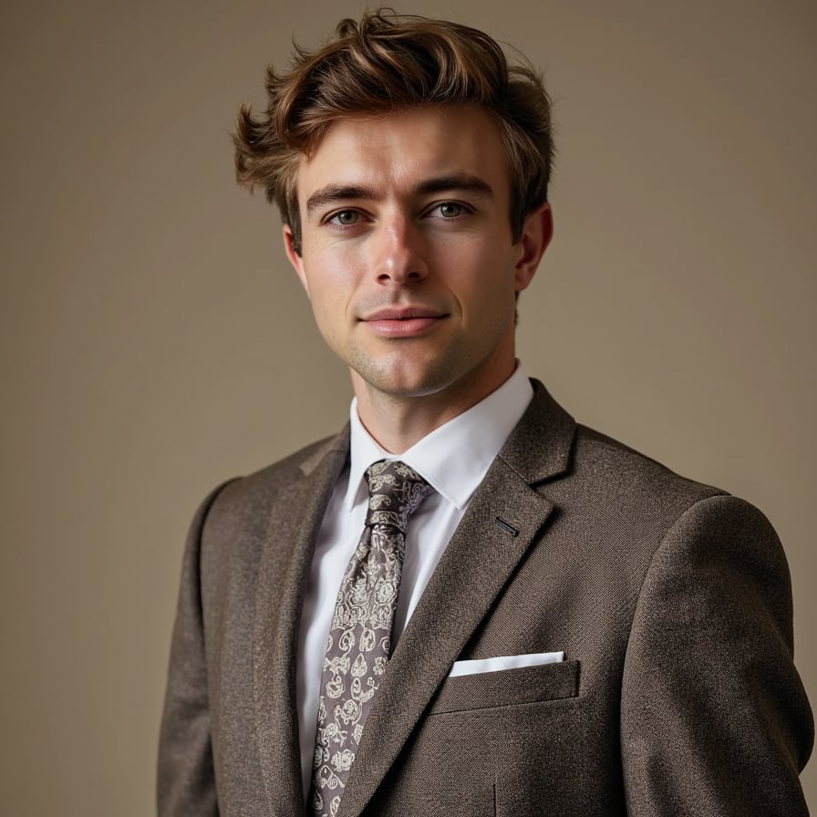 Confident man in suit, city backdrop, professional, bokeh.