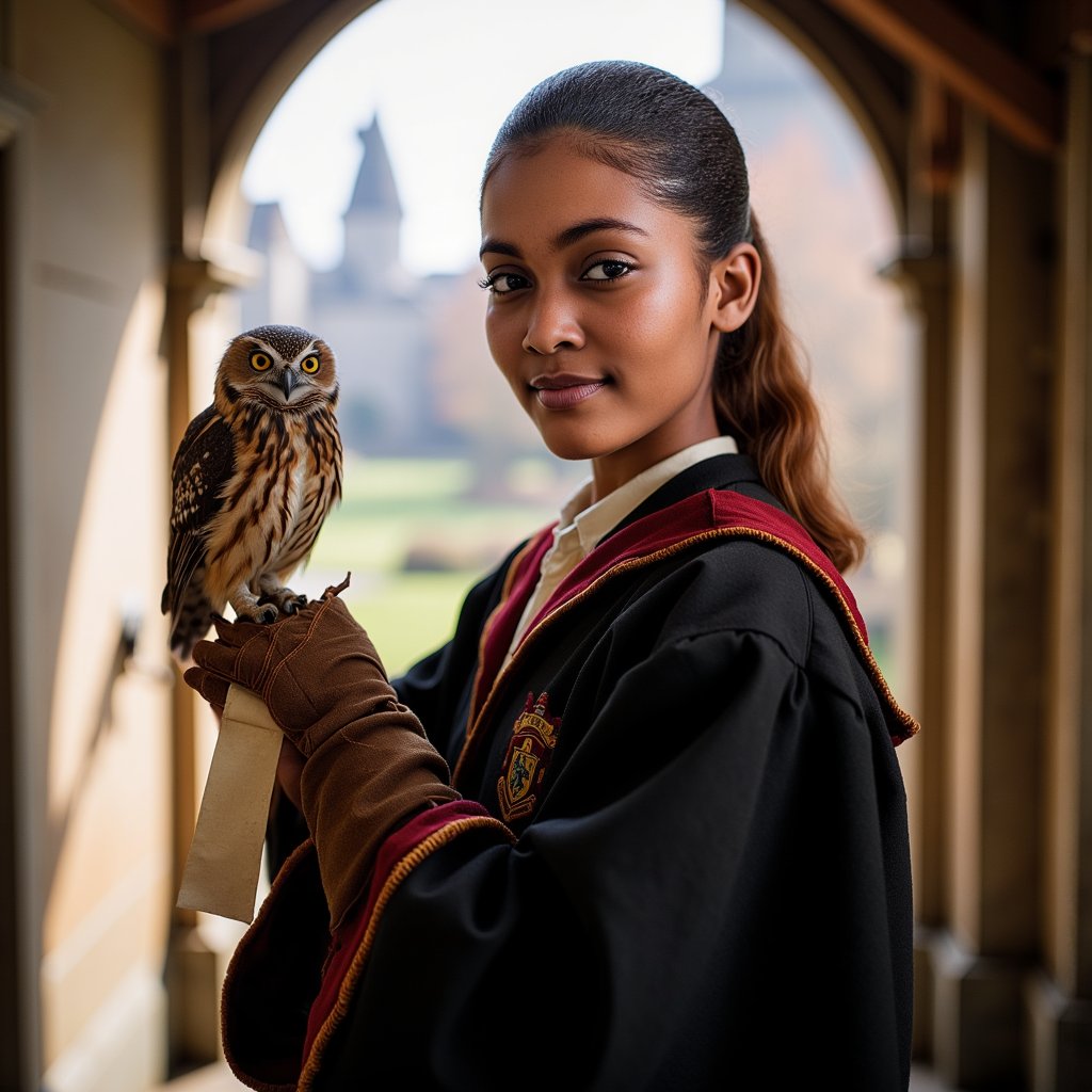 Highly realistic, ultra-detailed HDR portrait of a 15-year-old female Hogwarts student with light beige skin, light freckles across cheeks, soft brown almond-shaped eyes, and a small, gentle smile. Shoulder-length straight chestnut hair tucked neatly behind both ears, a few strands catching the light. Wearing a thick black wool Hogwarts robe with Gryffindor trim (red-and-gold threading visible, slightly frayed in places) over a cream cotton shirt. Pose: left arm bent upward, supporting a tawny owl perched on a brown leather falconry glove (visible creases and stitching in the glove), right hand delicately untying a parchment scroll from the owl’s leg. Camera: Canon EOS R5, 85mm f/2 prime lens, aperture f/2, shot at eye level for balanced perspective. Lighting: warm morning sunlight (4500K) streaming in from the left, casting gentle highlights on subject and owl feathers; faint cool fill from the right to balance contrast; catchlights visible in both human and owl eyes. Background: blurred wooden rafters and beams above, soft depth with no distracting elements.
