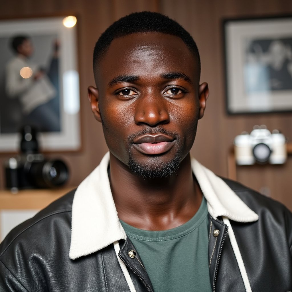 man in a modern, stylish look, photographed in a scene that honors the art and legacy of photography. A vintage camera is placed as a creative prop. The background features a softly blurred gallery wall with iconic photo prints and subtle lens flares. Studio lighting is perfectly balanced, sculpting his facial features with clarity and depth. His expression reflects calm focus and creative passion. Hyper-detailed, HDR quality, sharp focus