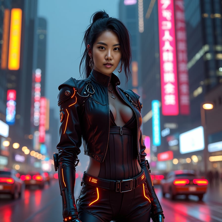 woman in futuristic cyborg costume with metallic limbs, glowing red circuits, and sleek black leather jacket, confident pose, urban cityscape at night, neon lights reflecting off metallic body, towering skyscrapers and flying cars in background with blurred motion trails, vibrant city lights.