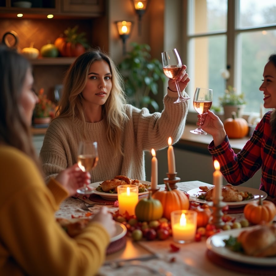 A young woman sitting at a cozy Thanksgiving table with friends, raising a glass of wine in a cheerful toast. The room is softly lit with candles, and the table is decorated with small pumpkins, leaves, and seasonal dishes. Laughter and joy are shared among friends in a comfortable, homey setting.