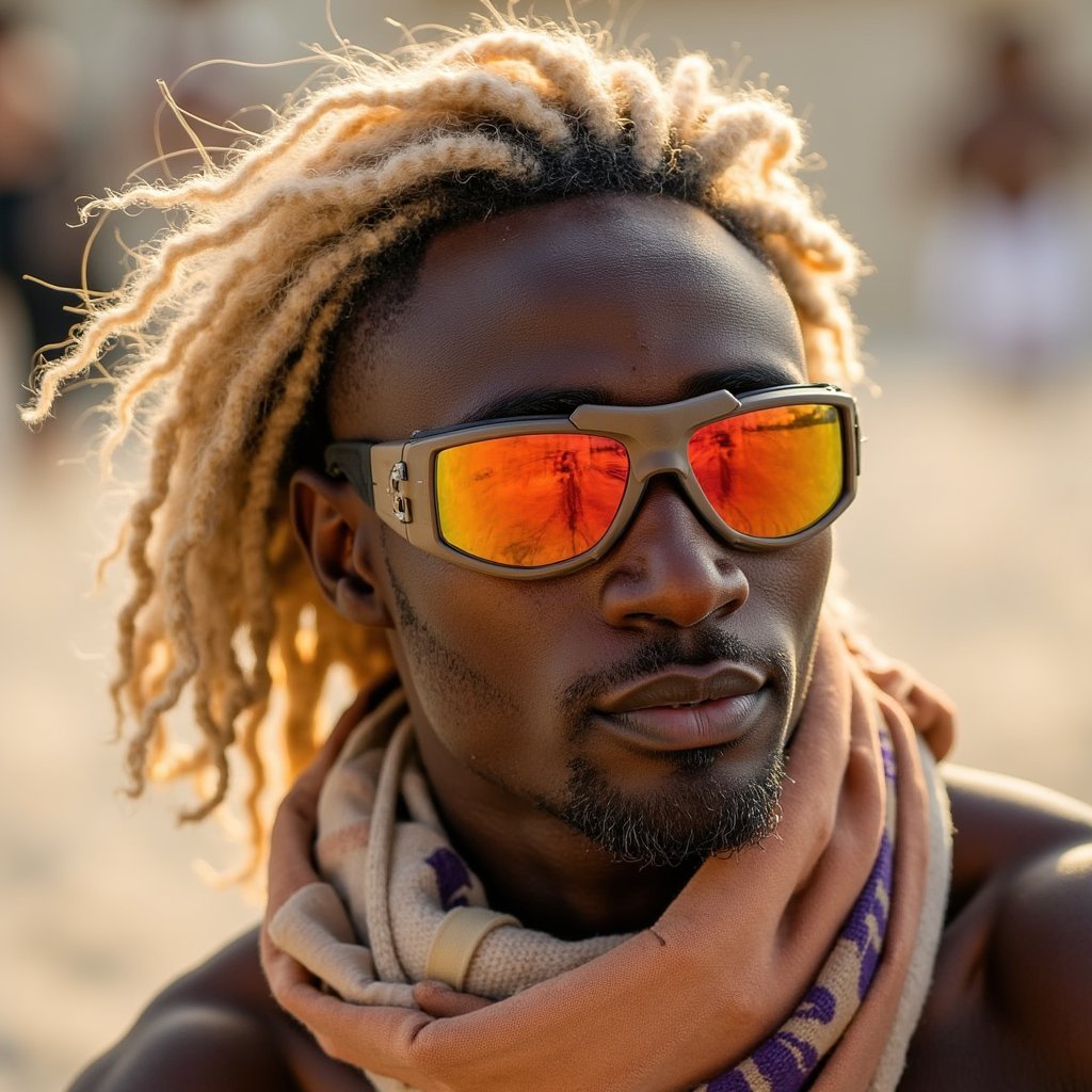 Portrait of a desert festival-goer at Burning Man 2025, reflective goggles, dust-covered scarf, windblown hair, golden hour desert lighting