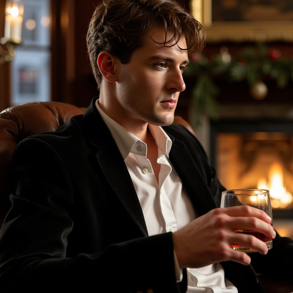 Man seated in a leather armchair holding a crystal glass of cognac, face turned toward a faint light source. Hairstyle: short, side-swept with soft sheen; neatly trimmed beard. Attire: charcoal velvet dinner jacket, crisp white shirt, no tie. Fabric details: velvet reflection on lapel edges, fine cotton weave on shirt. Camera: close portrait, 105mm, f/2.0 for cinematic intimacy. Lighting: single warm lamp key, soft shadow falloff; golden tones on skin. Background: blurred mahogany panels, faint fireplace glow, subtle garland reflection. Pose: relaxed yet composed, faint half-smile.
Render: highly detailed, highly realistic, HDR; reflections in glass, skin warmth from light, fine texture detail.