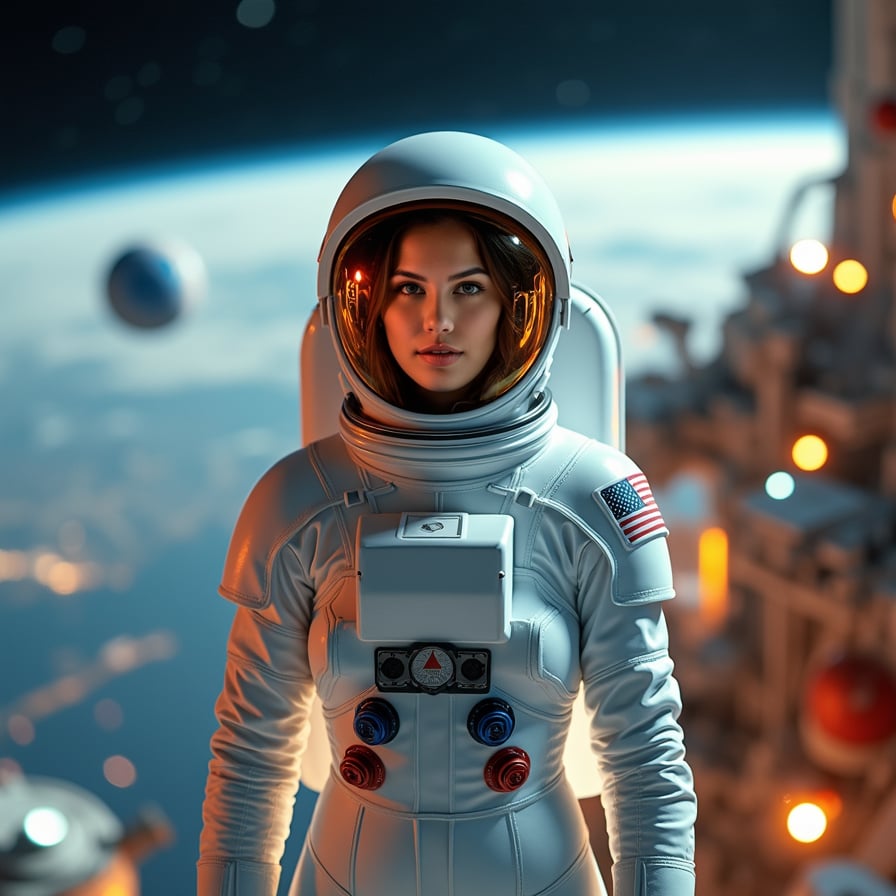 woman in a sleek white spacesuit, surrounded by futuristic tools and machinery, constructing a space base on a distant planet, under the soft glow of LED lights and starry night sky