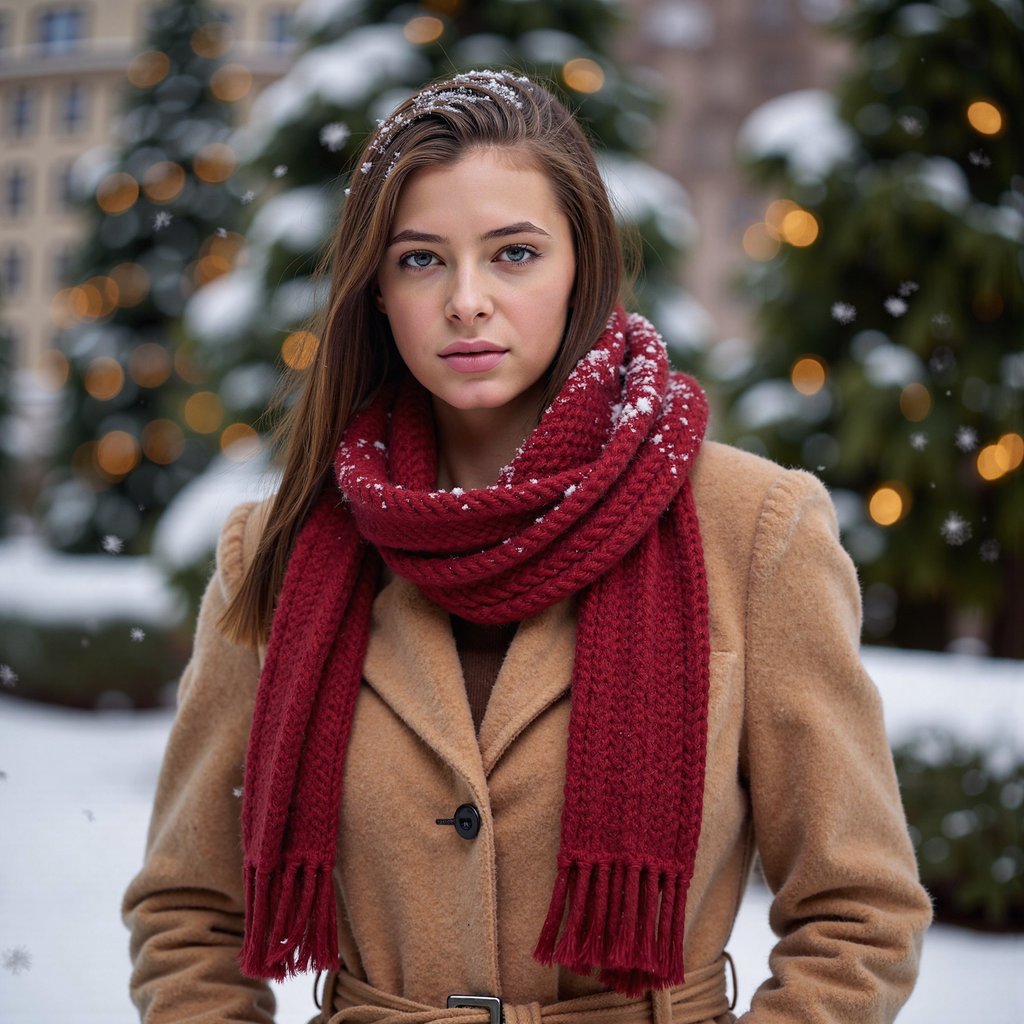Waist-up winter portrait of a woman outdoors in softly falling snow (snow frozen in shallow DOF but no subject motion). She wears a camel wool coat belted at the waist and a thick red knitted scarf with visible chunky stitching. Hair: straight, long, tucked inside the scarf; a few flyaway strands adding realism. Makeup: satin warm-nude lips, lightly flushed cheeks, soft brown eyeliner. Lighting: natural overcast daylight softened by snow, with a faint silver reflector fill from below. Background: blurred evergreen trees with a few warm twinkle lights; minimal clutter. Camera: 85mm f/2, eye-level; highly realistic, highly detailed, HDR, clear snowflakes on hair and coat fibers.