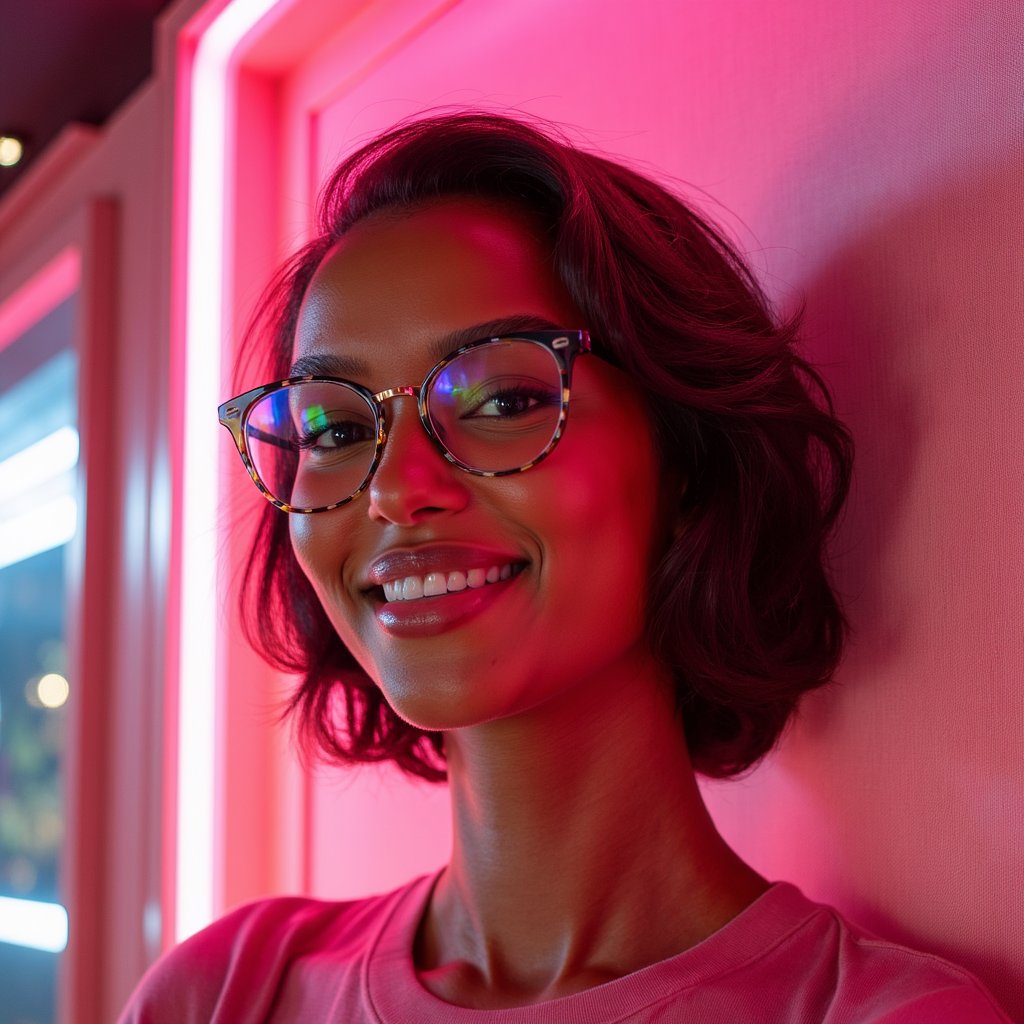 woman with a bold, joyful presence, styled with a colorful pop aesthetic. The lighting is soft and luminous, filled with warm pink hues and subtle neon glow. Her look reflects youthful creativity and effortless cool. The background includes retro-inspired textures and minimal geometric elements. Hyper-detailed, bright tones, expressive mood, high clarity.