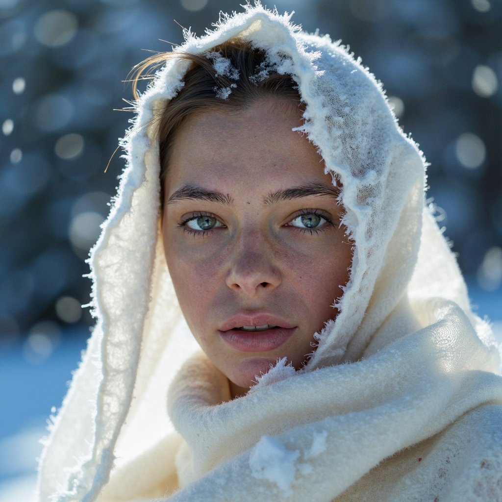“female portrait, ultra-detailed headshot featuring a thin translucent winter shawl draped over her head and shoulders, lightly dusted with snow, creating a soft veil effect.
Camera extremely close to capture micro textures: the fabric’s fine weave, tiny water droplets forming at the edges, and snowflakes melting into irregular wet patterns.
Her facial features are visible through the fabric, soft but sharply focused — eyelashes touching the veil, cold-flushed skin, breath vapor diffusing beneath the cloth.
Soft diffused front lighting emphasizes the transparency of the fabric while cool ambient light behind her creates a glowing outline through the shawl.
Background fully blurred into pale whites and muted blues, giving her a floating, ethereal appearance without clutter.
Highly realistic, hyper-detailed, HDR, atmospheric winter portrait with depth and delicate translucency.”