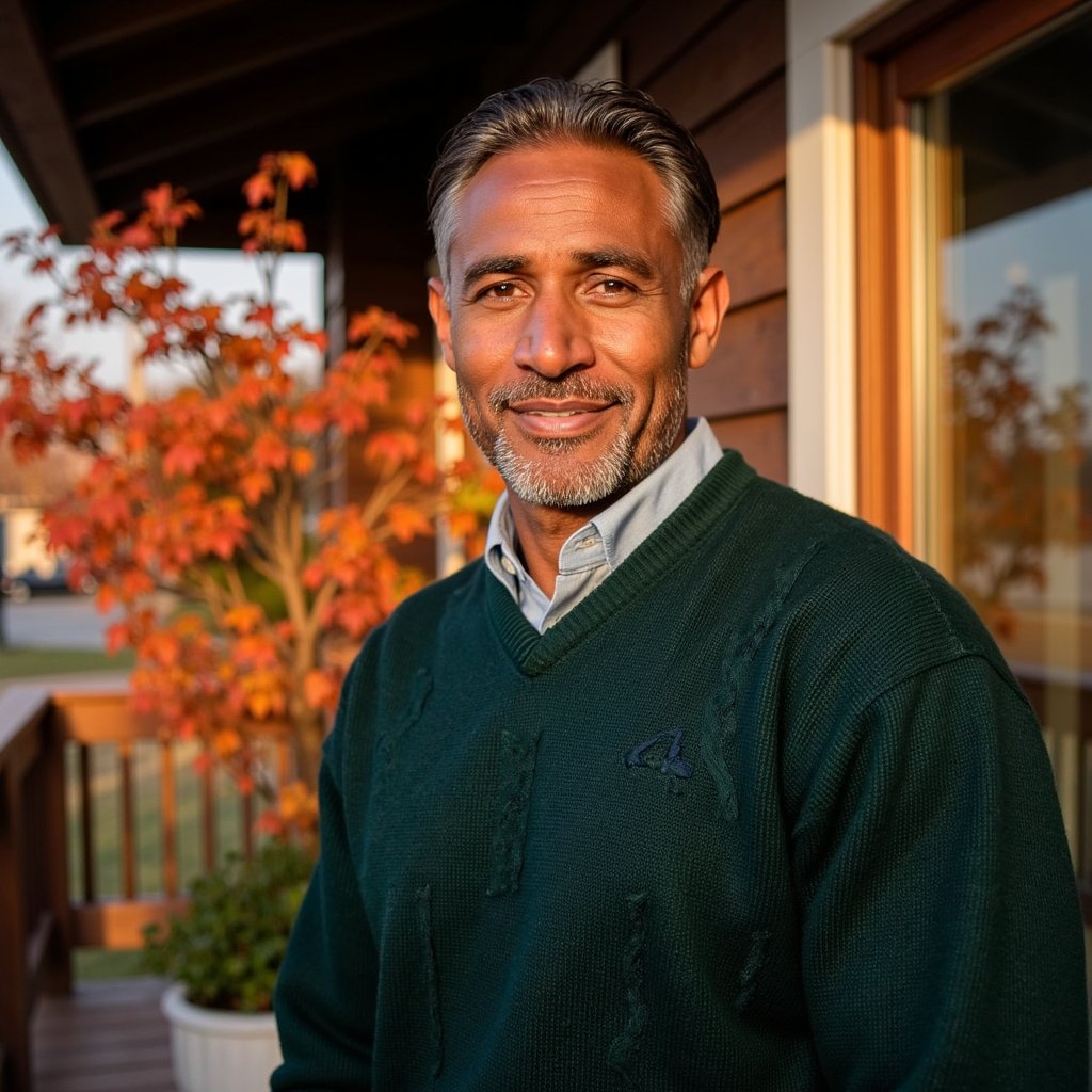 Highly realistic, highly detailed HDR head-and-shoulders portrait of a middle-aged Caucasian man (male, about 45 years old) standing outside on a rustic wooden porch with fall foliage behind. Camera angle straight-on at eye level. He is wearing a deep forest-green cable-knit sweater over a light chambray shirt (collar slightly visible), his hair is salt-and-pepper, neatly combed back; short beard trimmed. The evening golden hour sunlight filters through orange and red maple leaves behind him, casting warm rim light on his right shoulder and hair. Background softly blurred (shallow depth of field) showing the wooden porch rail and a hint of maple branches but no clutter. His expression is reflective but content — slight smile, crow’s-feet visible, skin texture detailed with natural pores and light stubble. The sweater fabric shows the cable-knit pattern in sharp detail, the chambray shirt faint texture visible. Light wind gently moves a few loose strands of hair and leaves behind him. Overall tone: autumnal, serene, gratitude.
