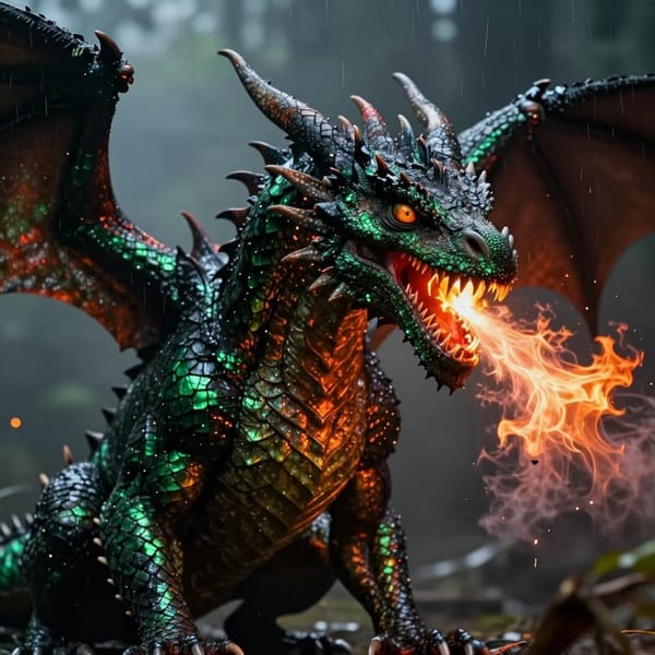 
- Prompt:
Create a hyper-realistic image of a fire-breathing dragon with an intense, piercing stare. Ultra-detailed scales, muscular frame, and blazing breath. Cinematic lighting, moody atmosphere, shallow depth of field, 8k realism. Add smoke, embers, and subtle rain-soaked textures on scales for depth. Vantage: three-quarter view, dramatic backlit rim light, high dynamic range. Color palette: dark emerald greens and charcoal with fiery orange-red breath.