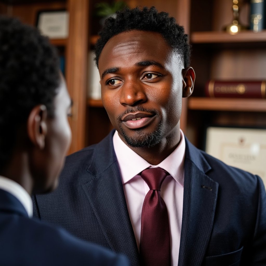 Close-up, 85 mm f/1.8. Man in early 40s, tan skin, wavy black hair combed neatly back. Navy blazer with micro-check pattern, pale pink dress shirt. Leaning in attentively toward an off-camera client silhouette. Lighting: soft daylight from window on camera left. Background: blurred certificates on wall.