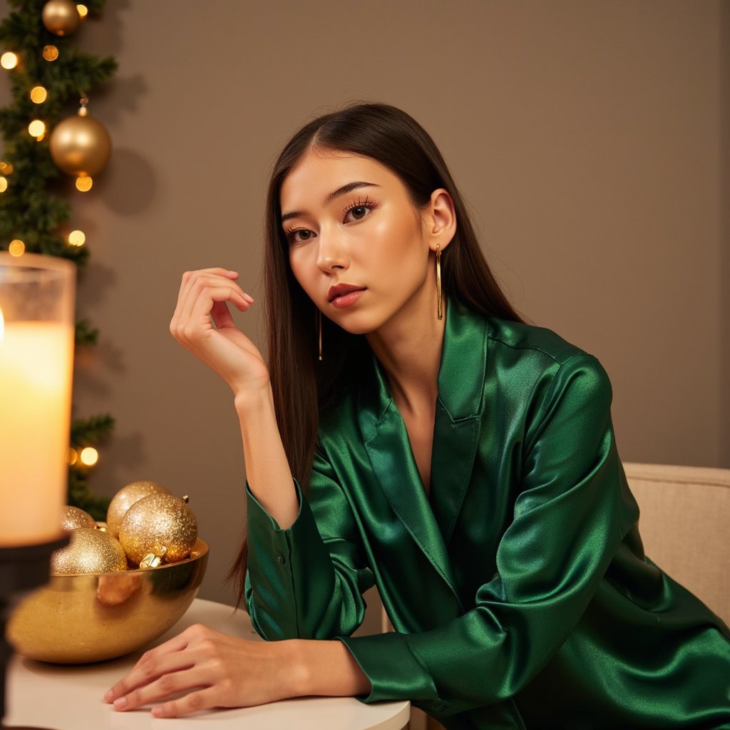 Head-and-shoulders portrait of a woman sitting beside a gold ornament bowl (blurred foreground), body angled slightly right, eyes softly toward camera. She wears a deep emerald satin blouse with shimmering highlights and thin gold hoop earrings. Hair: smooth, sleek low ponytail with center part. Makeup: warm metallic eyeshadow, soft wing liner, glossy nude lips. Lighting: warm holiday candlelight as fill plus a soft key softbox from the left; satin fabric catches specular highlights beautifully. Background: matte taupe wall with a subtle gold garland blurred; minimal clutter. Camera: 50mm f/1.4 with foreground bokeh; highly detailed, highly realistic, HDR, revealing satin folds and skin texture with precision.