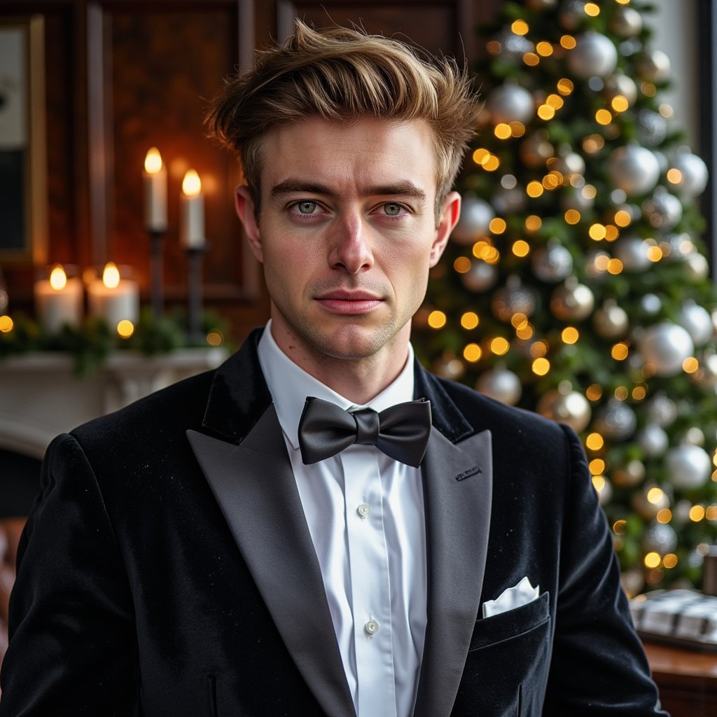 Close crop of a man in tuxedo (shawl-collar velvet dinner jacket, crisp pleated shirt, satin bow tie). Hairstyle: classic taper, slight quiff; clean shave. Fabric details: velvet nap, satin lapel reflection, micro-pleats. Camera: eye-level, 105mm macro-leaning portrait for extreme texture fidelity, f/2.0. Lighting: soft directional key (large softbox or window) + faint practical back glow from the tree for hairline separation. Background: blurred Christmas tree with crystal and glass ornaments, warm golden fairy lights; no extra props. Pose: chin slightly down, eyes centered, confident but soft gaze. Render: highly detailed, highly realistic, HDR; precise lapel edge and shirt pleat definition; natural skin pores.