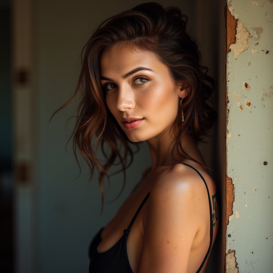 Generate an artistic headshot of a woman with a bold and unconventional style. She is wearing statement clothing or accessories, with dynamic lighting and a textured or abstract backdrop. Her pose is expressive and confident, reflecting her creative edge